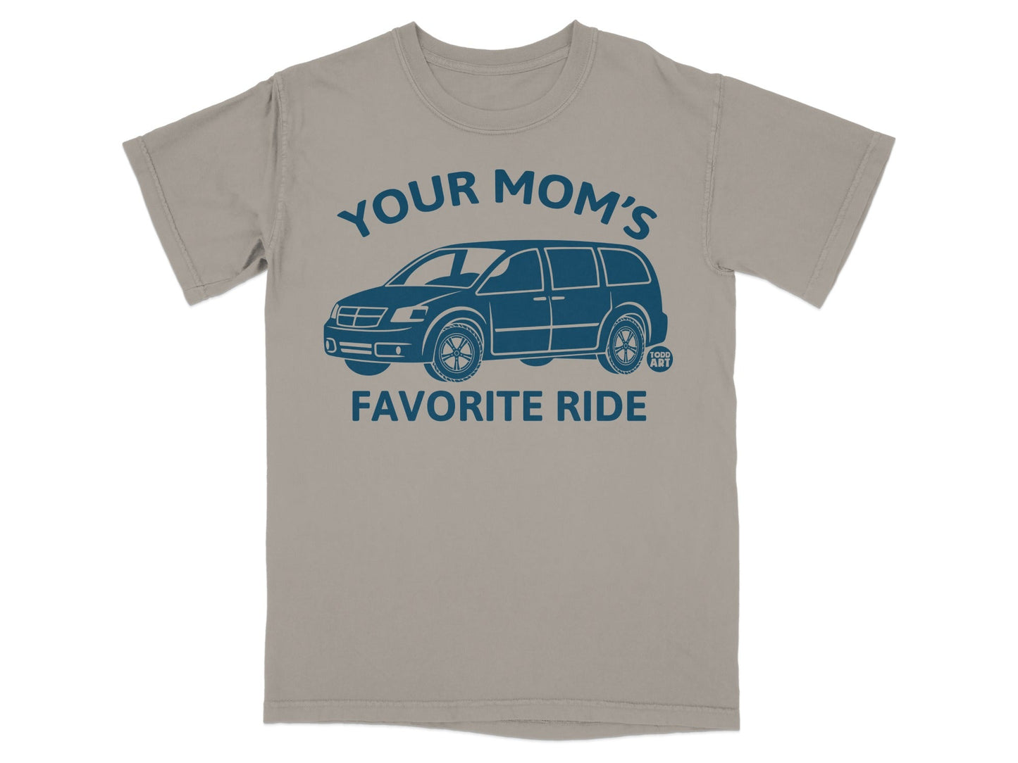 T-shirt with blue graphic of a minivan and text "YOUR MOM'S FAVORITE RIDE".