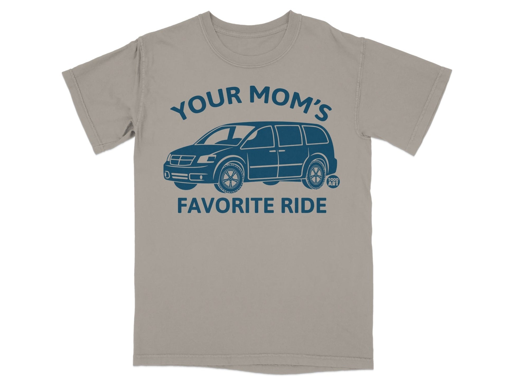 T-shirt with blue graphic of a minivan and text "YOUR MOM'S FAVORITE RIDE".
