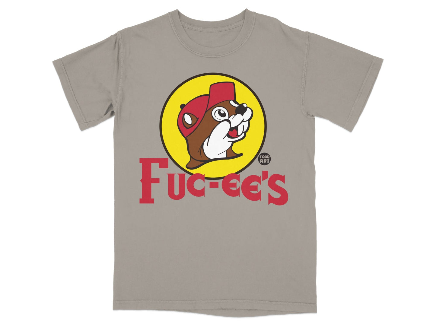 Bucee's logo with beaver mascot on a grey t-shirt.