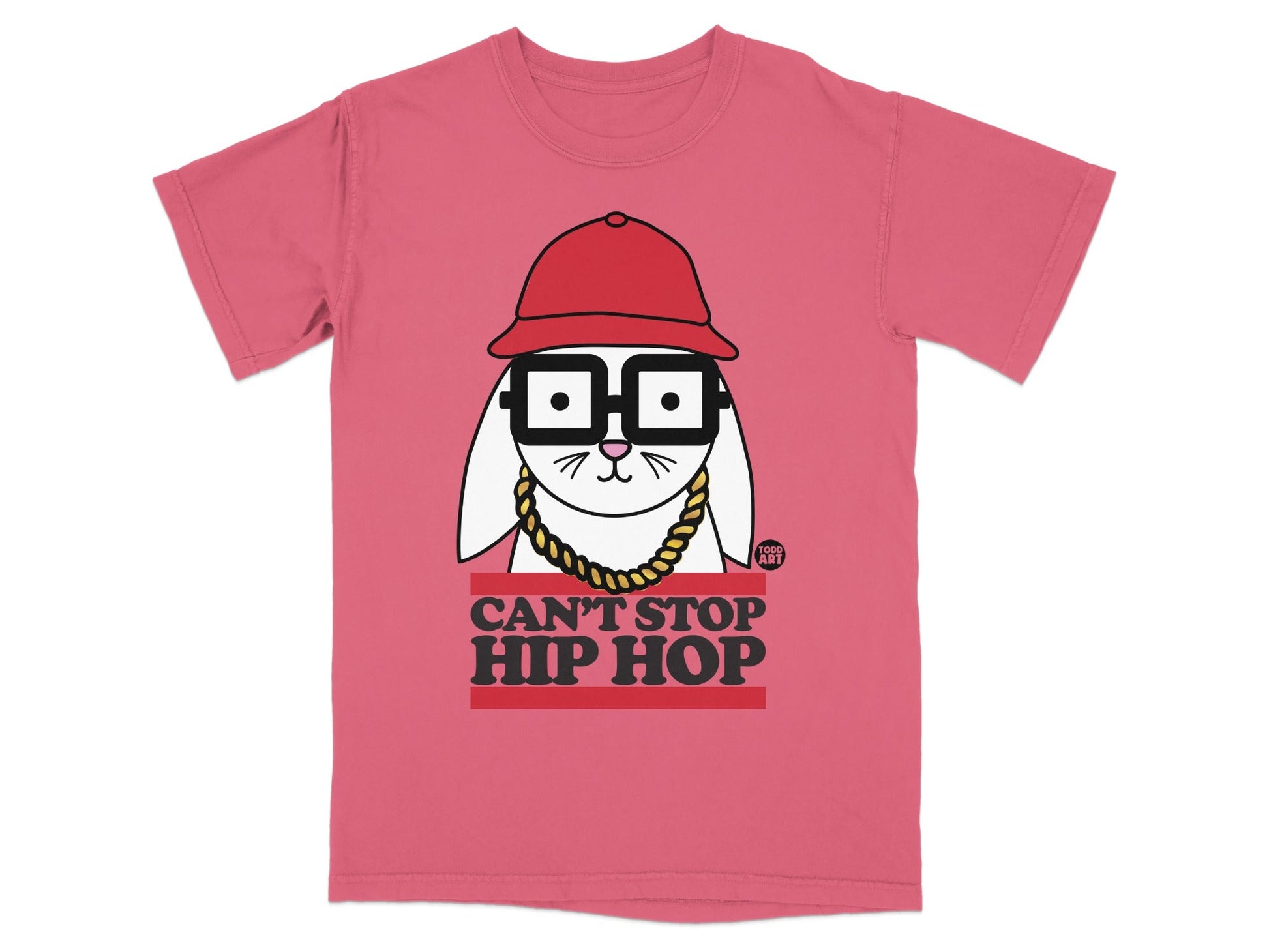 T-shirt with a cartoon rabbit wearing a hat, glasses, and gold chain.