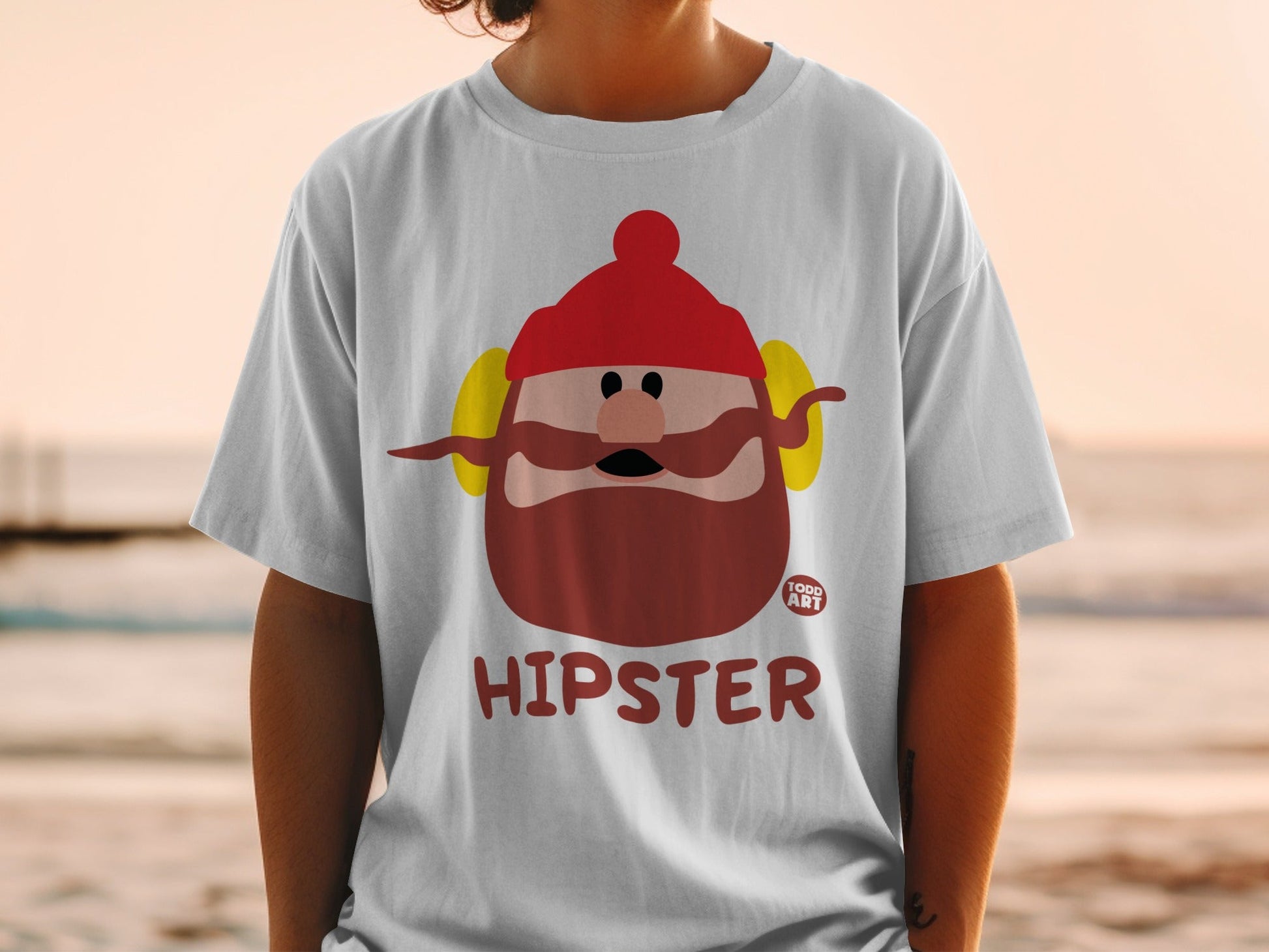 White t-shirt with cartoon hipster character and "TODD ART" text.