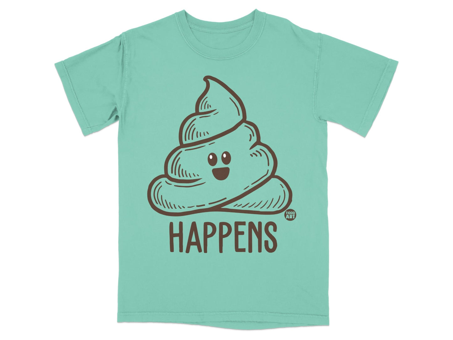 Teal t-shirt with cartoon poop emoji and "HAPPENS" text.