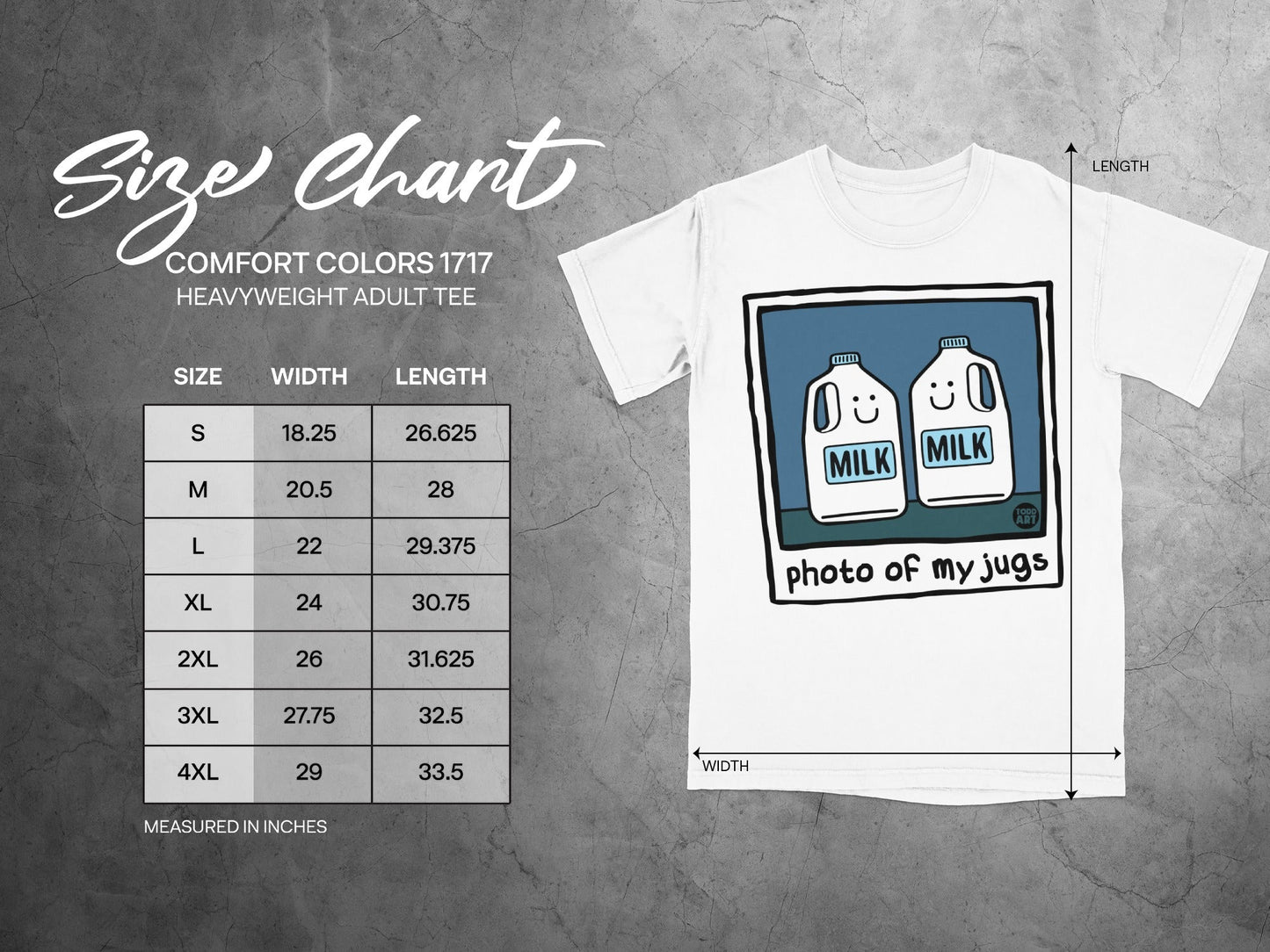 Comfort Colors 1717 size chart with milk carton graphic.
