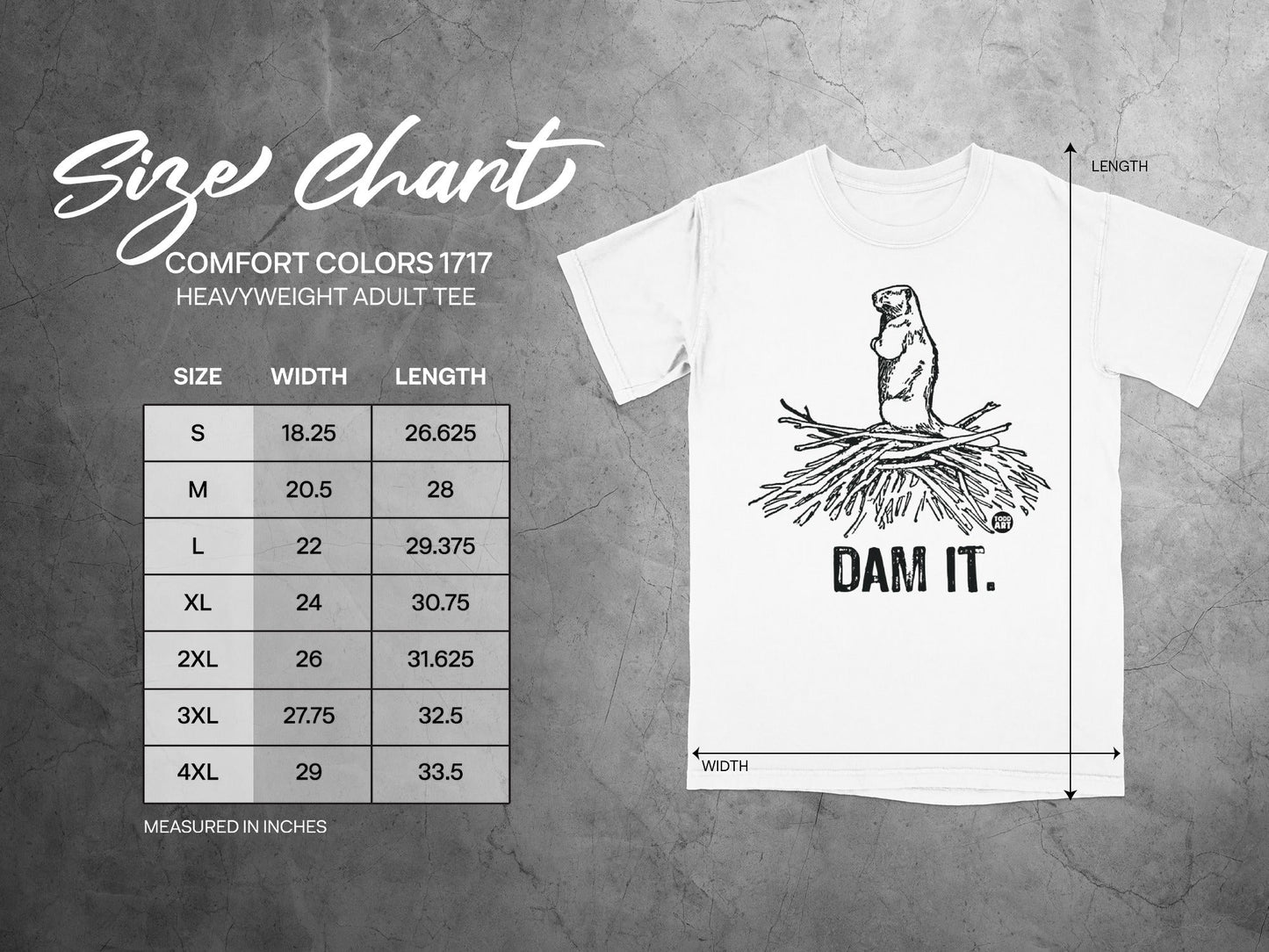 Dam It Beaver Print Size Chart Heavyweight Adult Tee