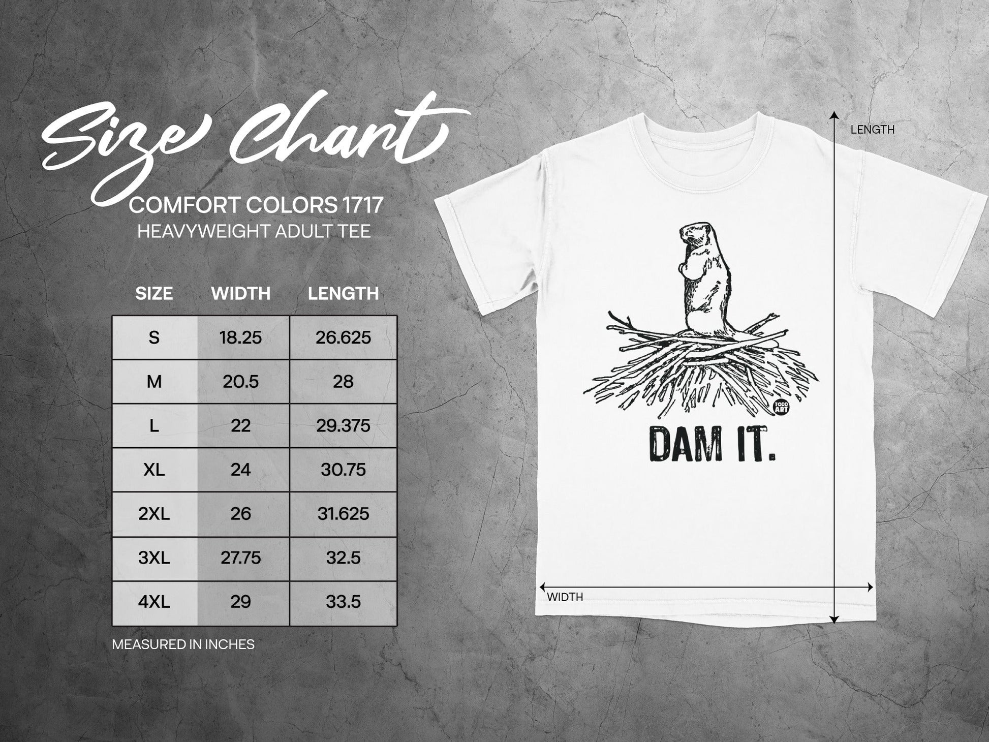Dam It Beaver Print Size Chart Heavyweight Adult Tee