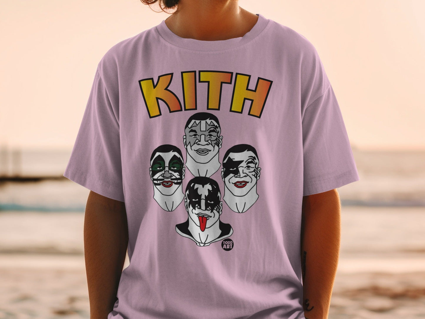 Kith logo on a purple t-shirt featuring four KISS band members' face paint.
