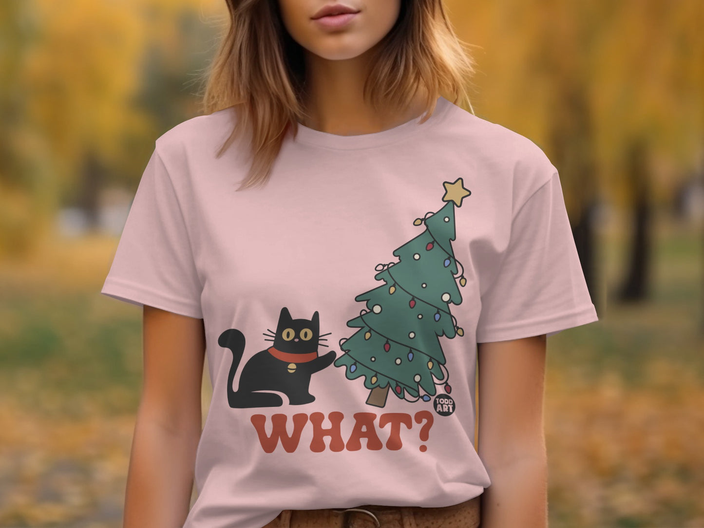 Funny Cat and Christmas Tree Graphic T-shirt