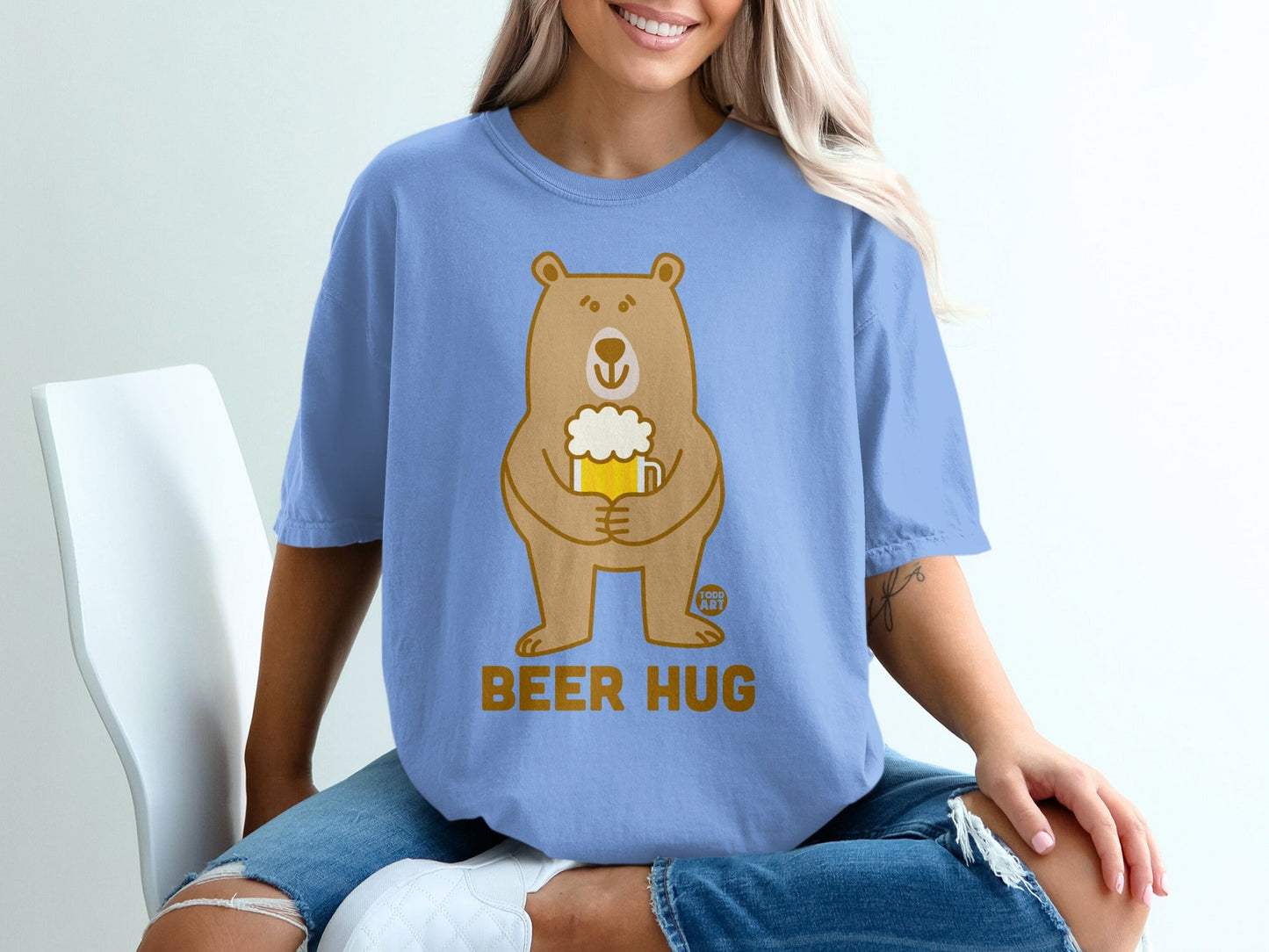 Cute Bear Hug Beer Graphic on Light Blue Shirt