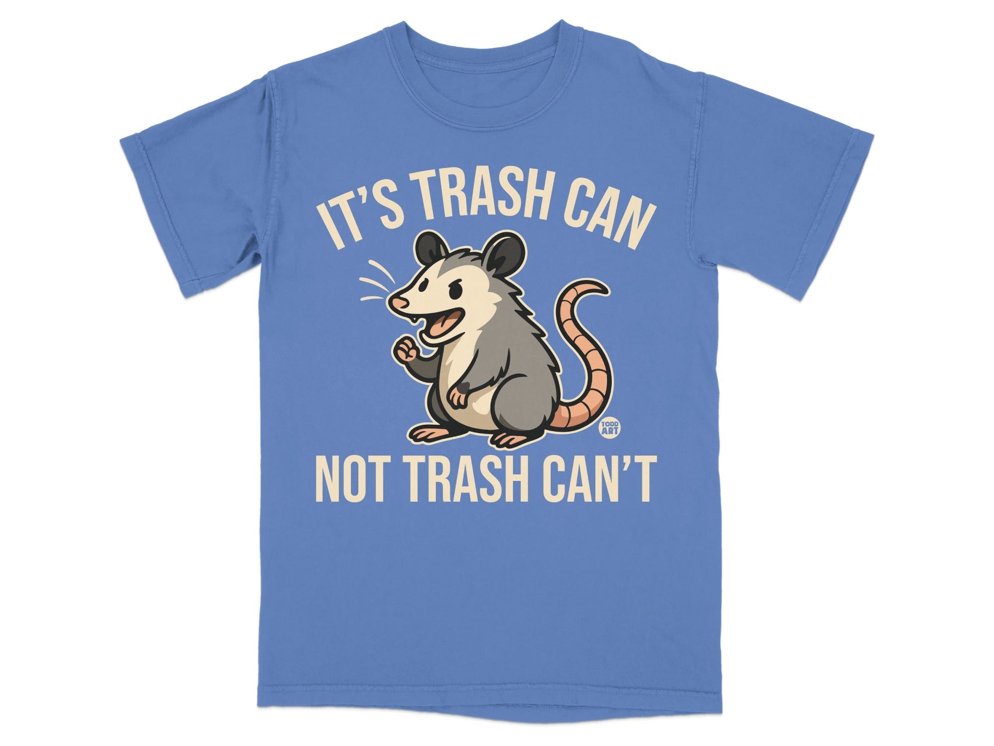 Blue t-shirt with a cartoon opossum and text "IT'S TRASH CAN NOT TRASH CAN'T".