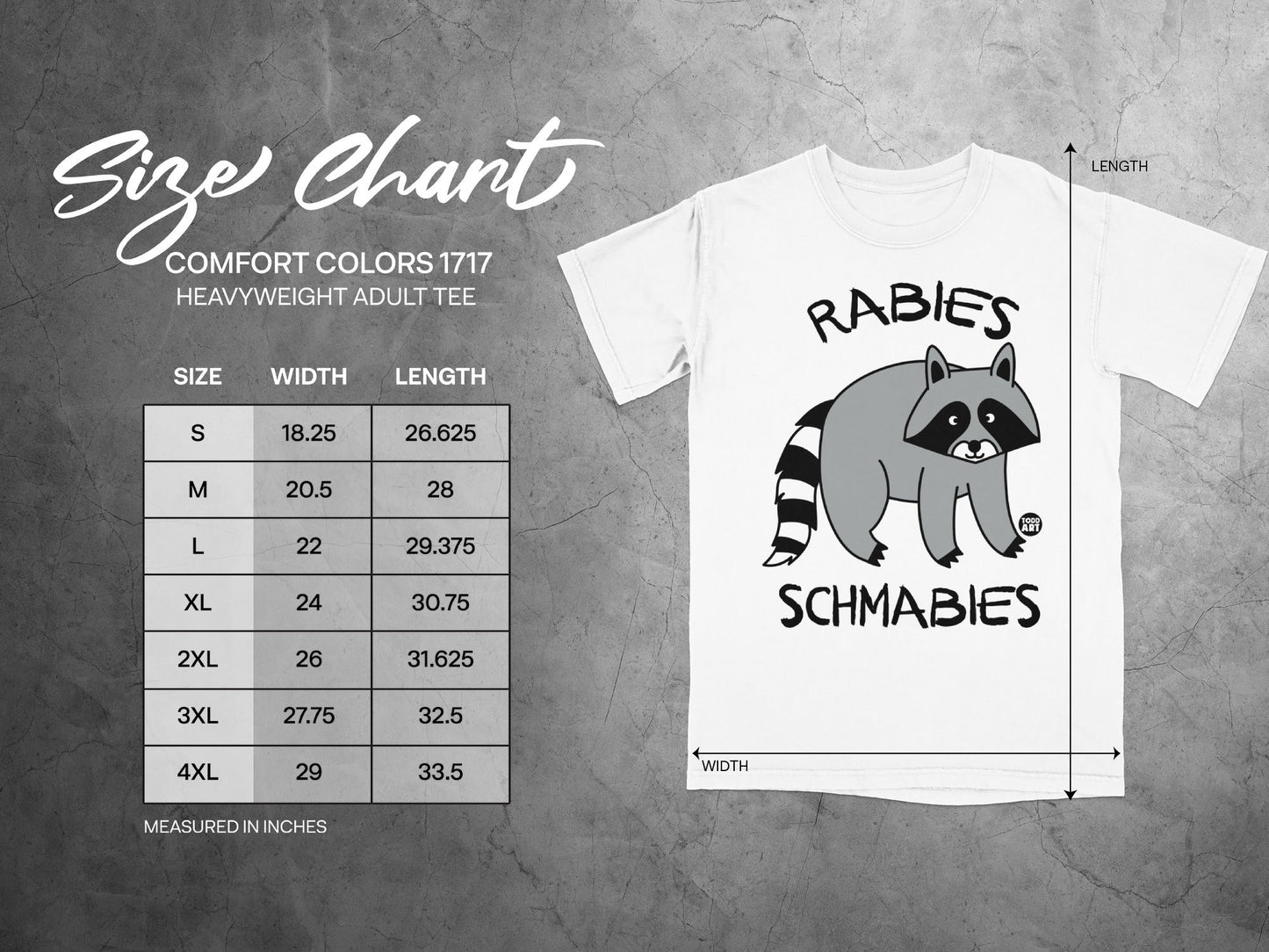 Size chart for Comfort Colors 1717 heavyweight adult tee with measurements.