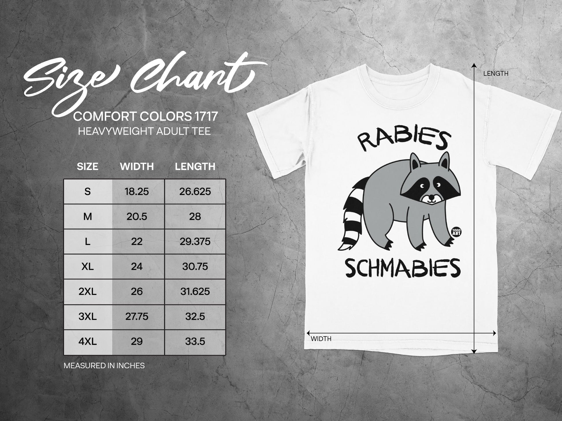 Size chart for Comfort Colors 1717 heavyweight adult tee with measurements.