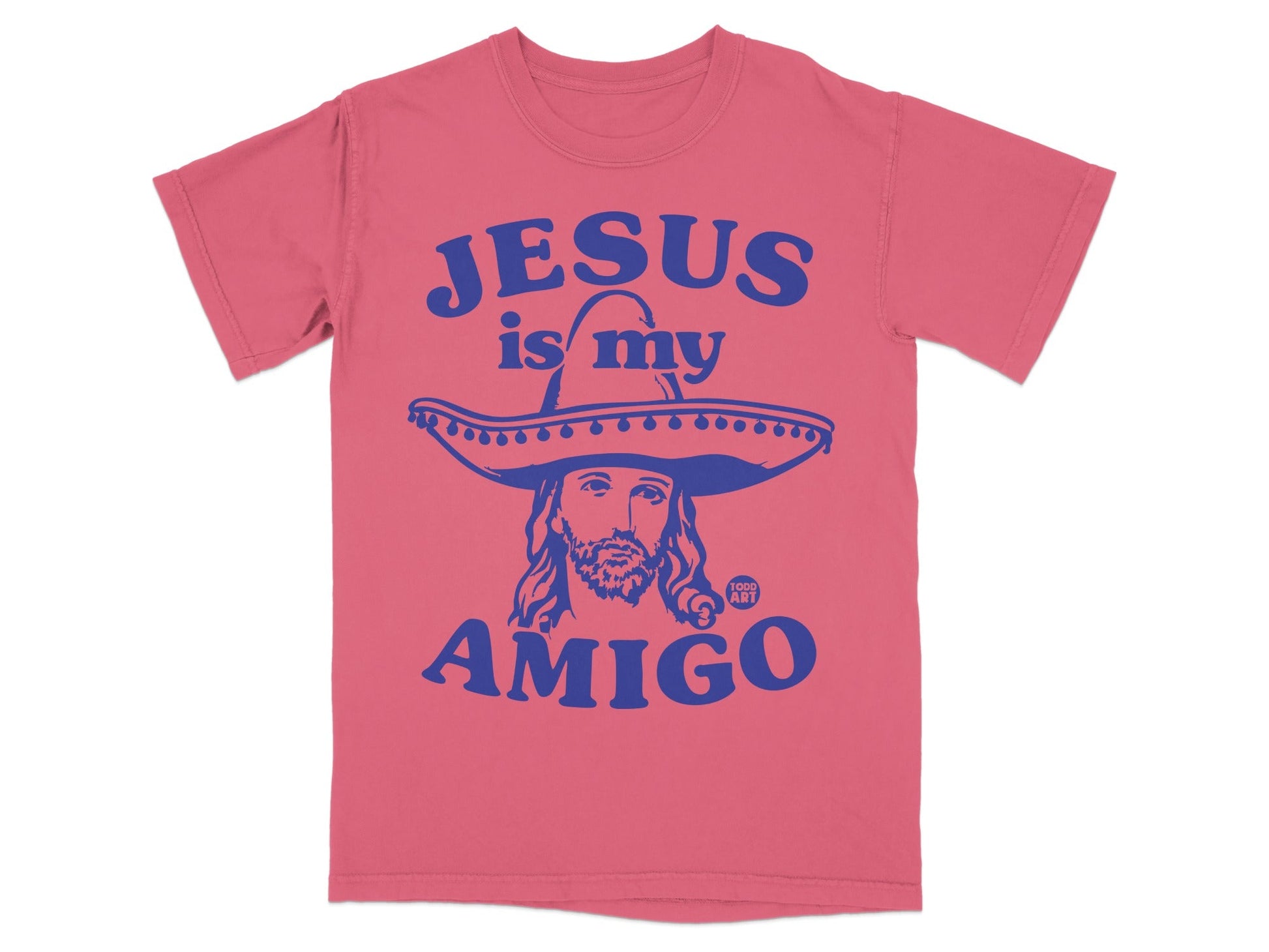 Jesus is my amigo graphic t-shirt with a blue sombrero-wearing Jesus.