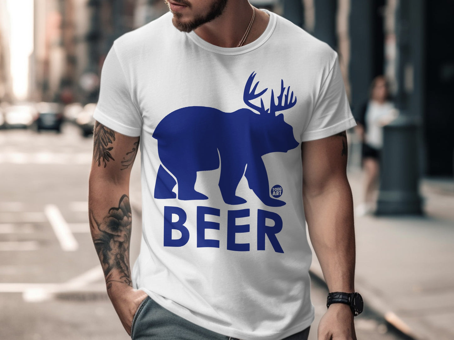 Blue Bear Head with Antlers Beer Graphic T-shirt