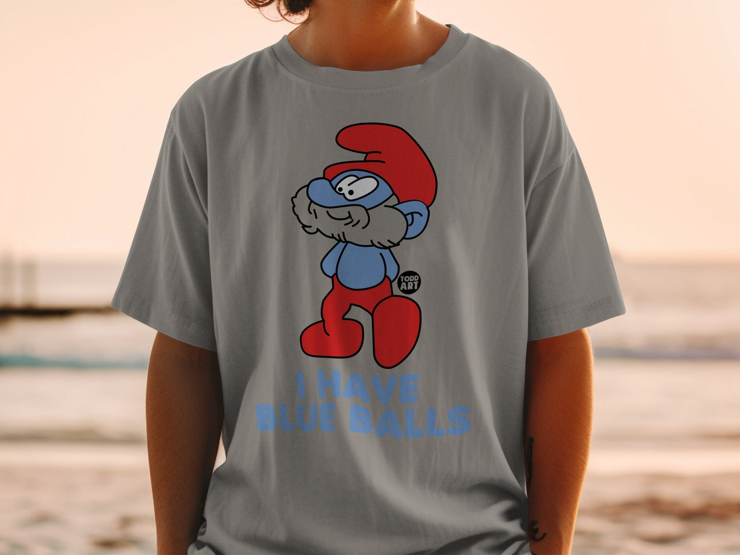 Gray t-shirt with Smurf character and "I HAVE BLUE BALLS" text.
