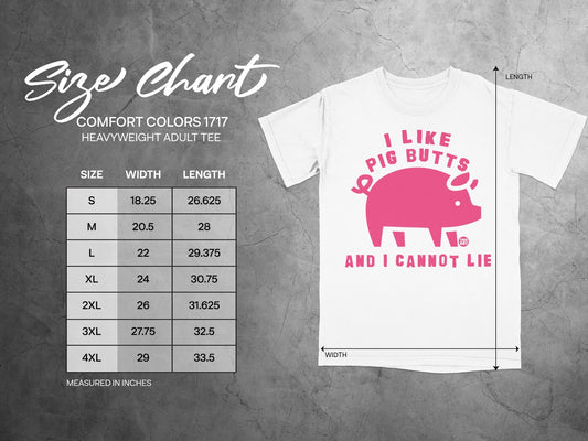 Size chart for Comfort Colors 1717 heavyweight adult tee with t-shirt graphic.