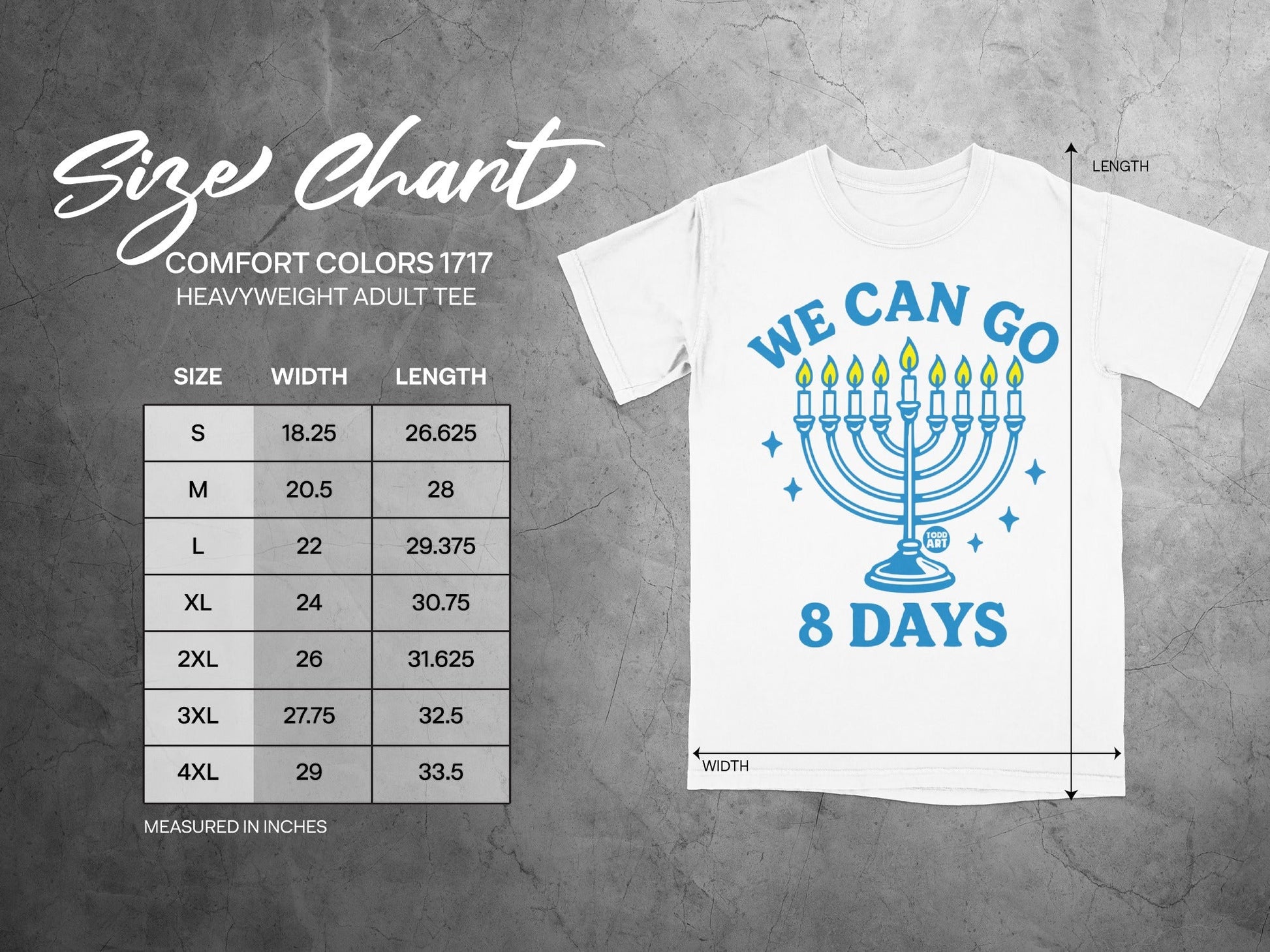 Size chart for Comfort Colors 1717 heavyweight adult tee with graphic.