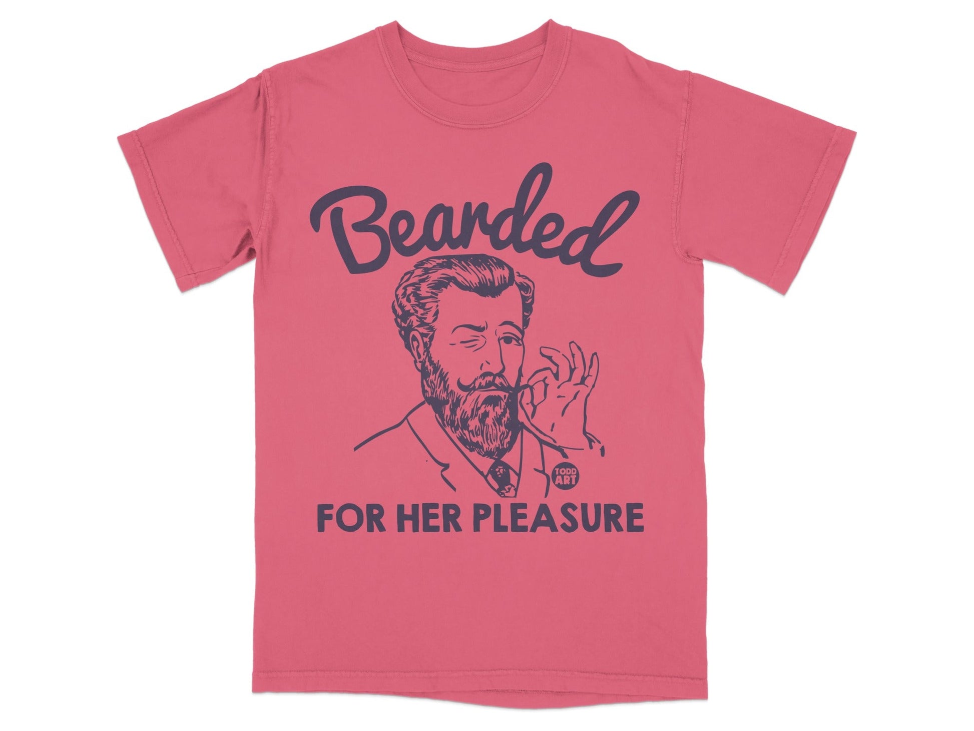 T-shirt with "Bearded For Her Pleasure" text and vintage man smoking.