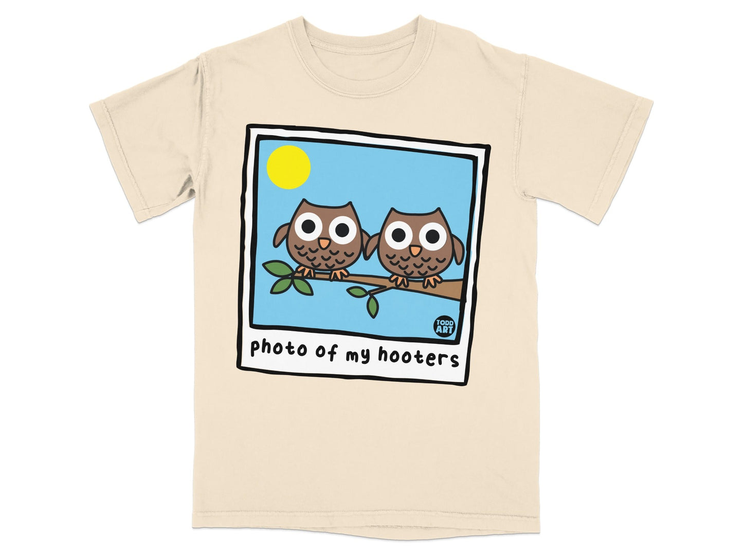 Two cartoon owls on a branch, with text "photo of my hooters" and a logo.
