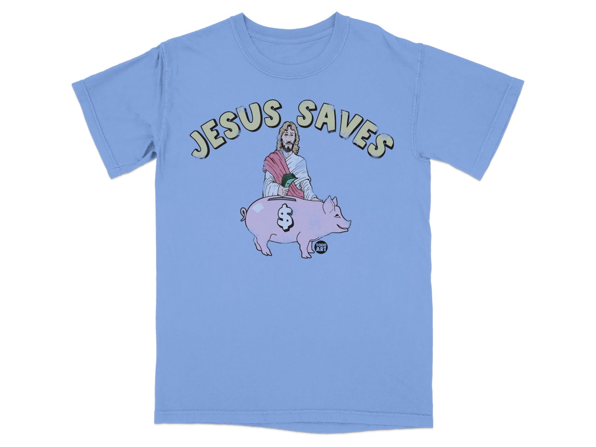 Light blue t-shirt with "Jesus Saves" text and illustration of Jesus with a piggy bank.