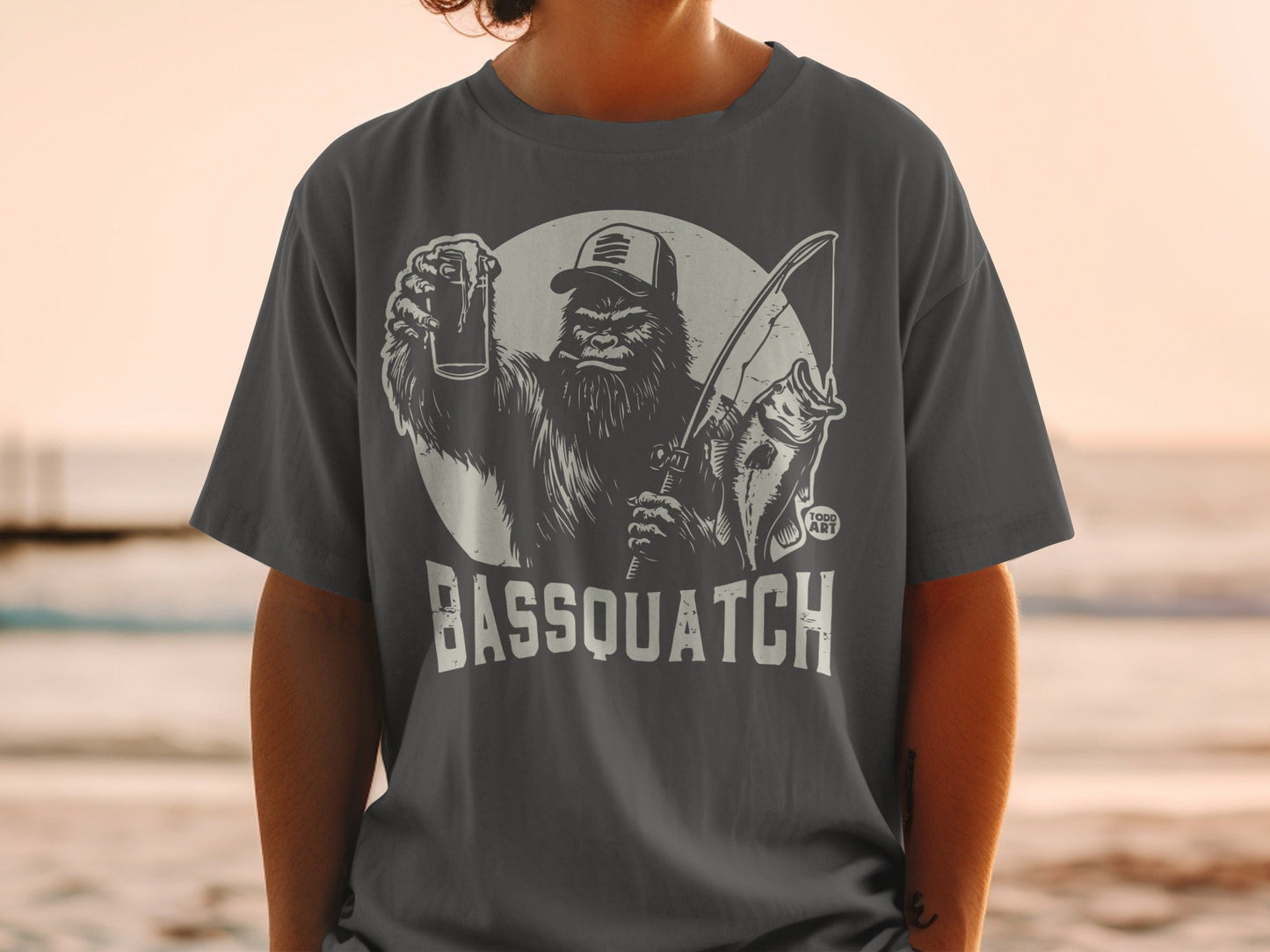 Bassquatch Drinking and Fishing Graphic T-Shirt