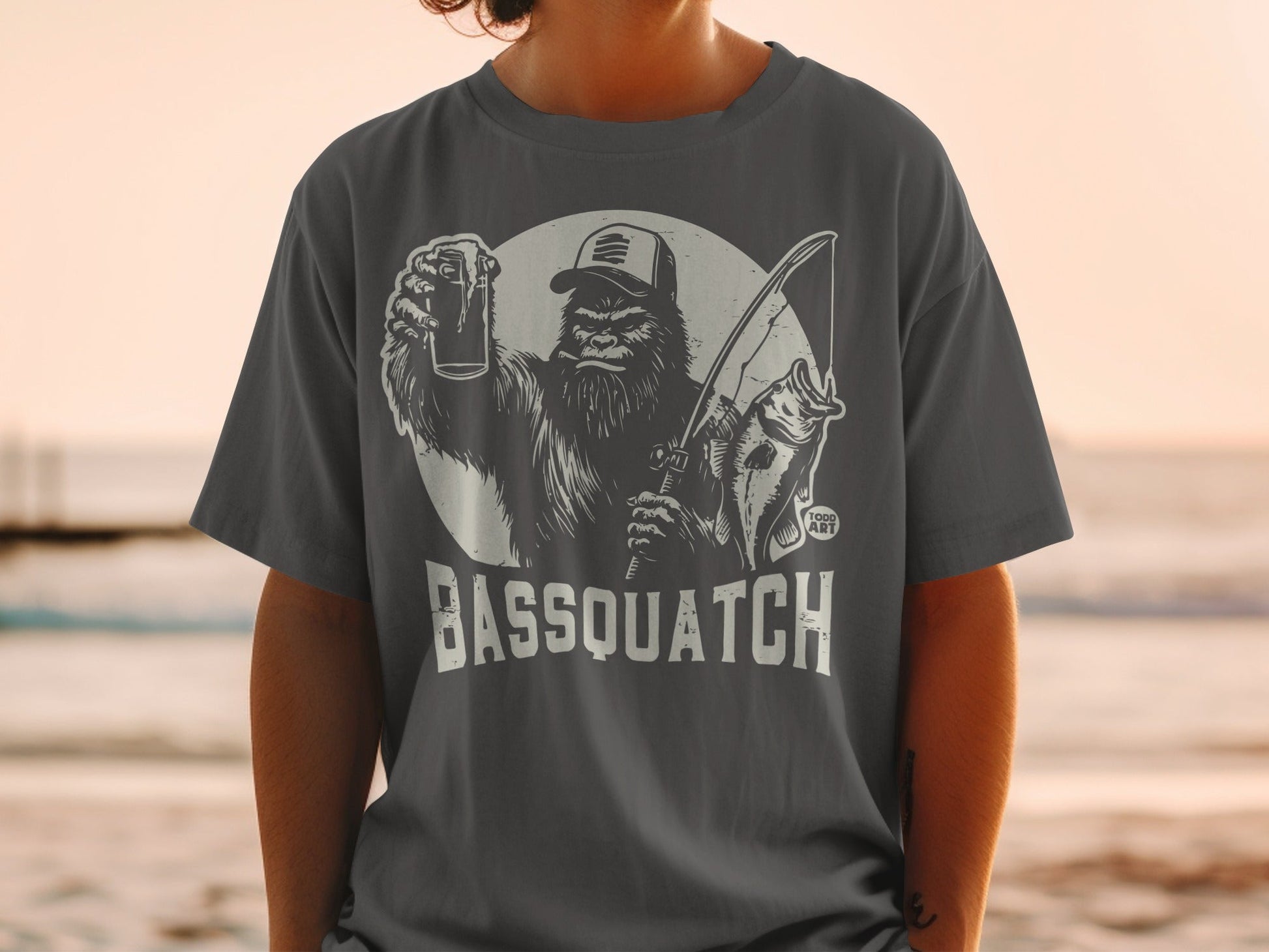 Bassquatch Drinking and Fishing Graphic T-Shirt