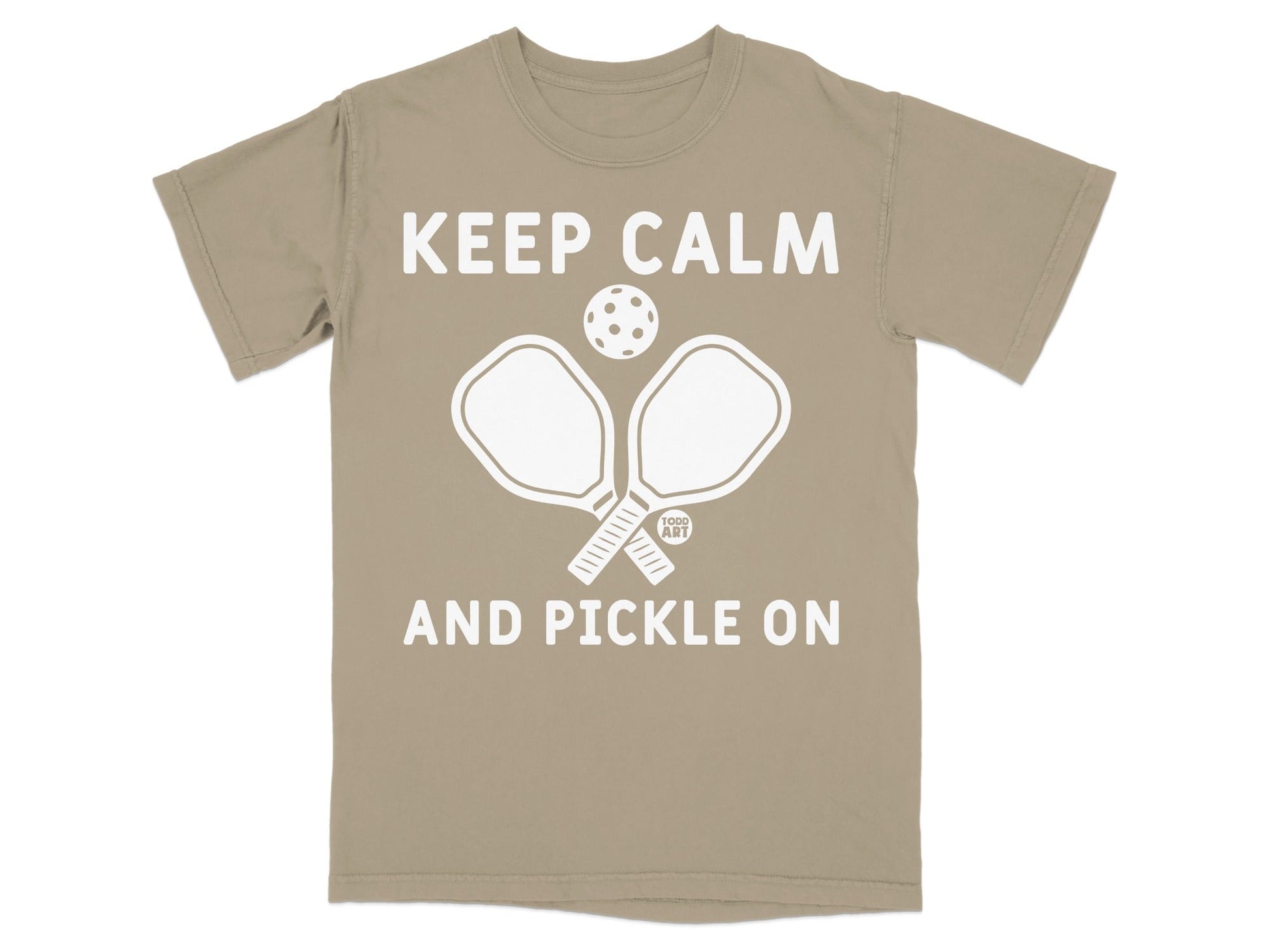 T-shirt with "Keep Calm and Pickle On" and pickleball paddle graphics.