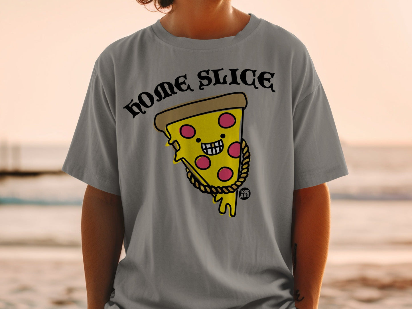 T-shirt featuring a smiling pizza slice with a gold chain and "HOME SLICE" text.