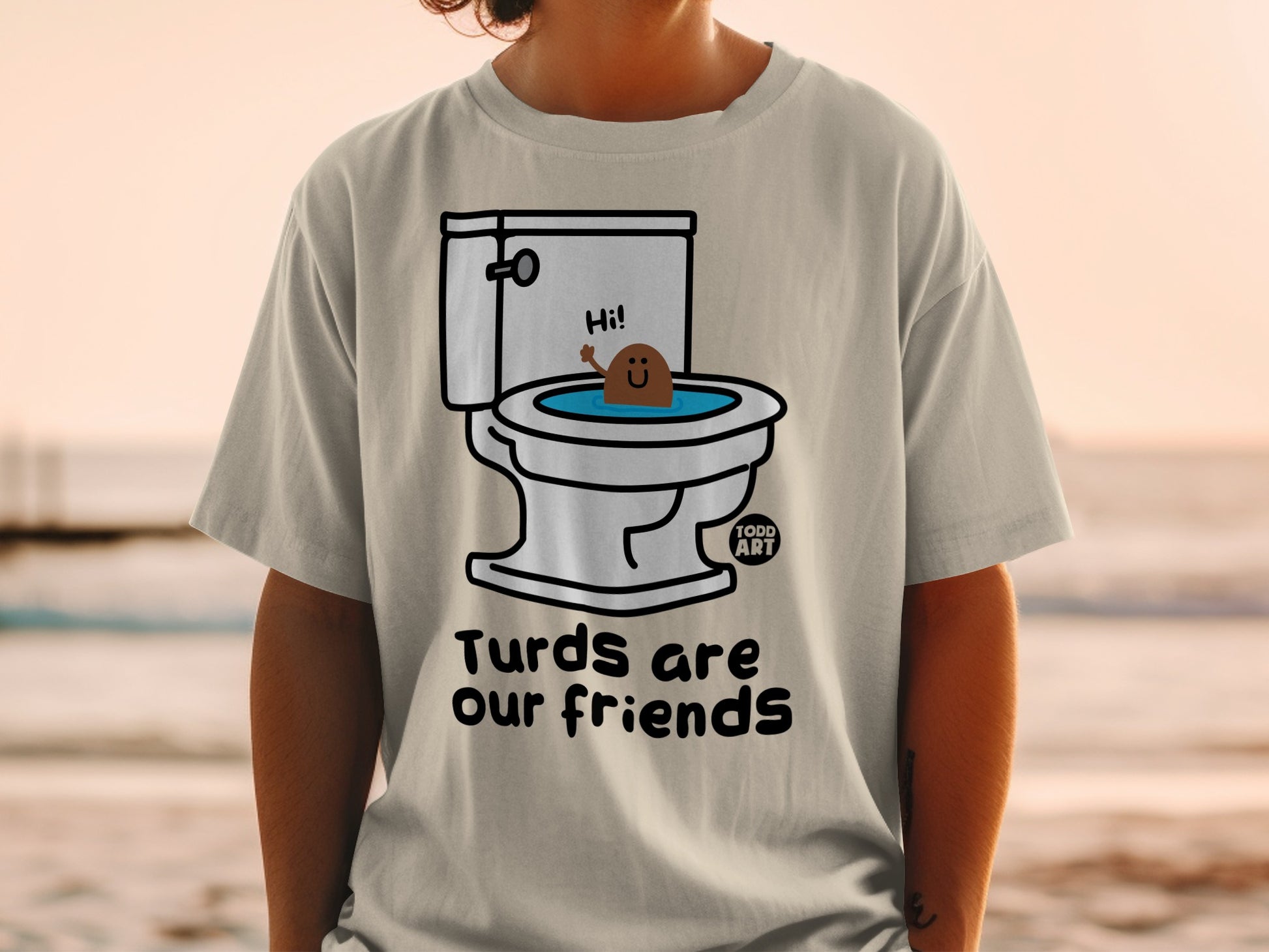 Cartoon toilet character with smiling face saying "Hi!" in a toilet bowl.