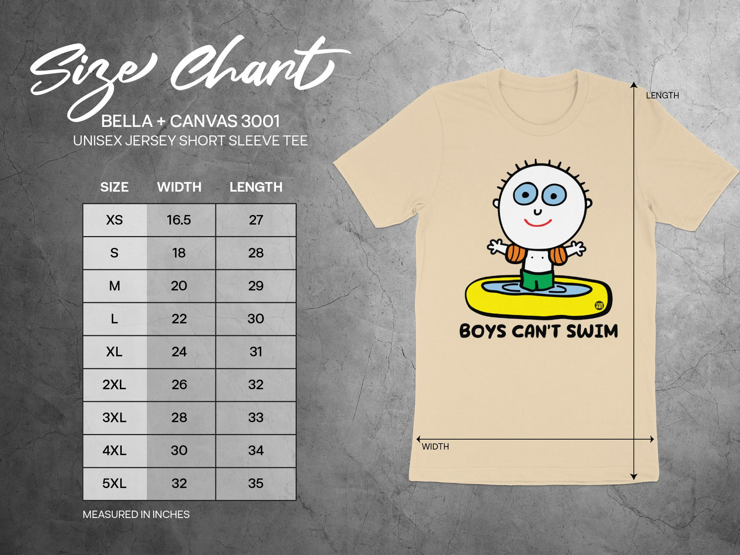Boys Can't Swim Graphic Tee with Size Chart Display