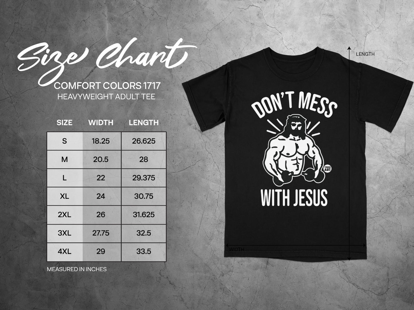 Size chart for Comfort Colors 1717 heavyweight adult tee.