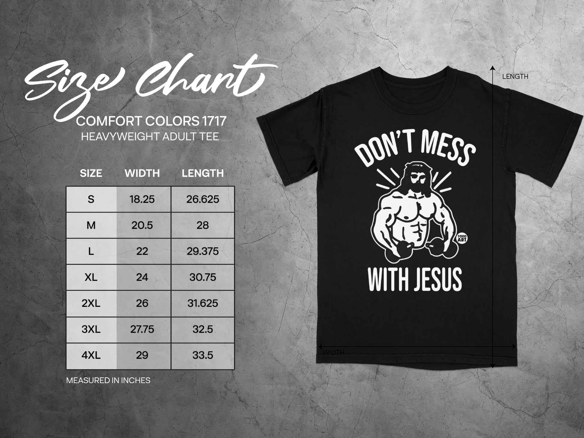 Size chart for Comfort Colors 1717 heavyweight adult tee.