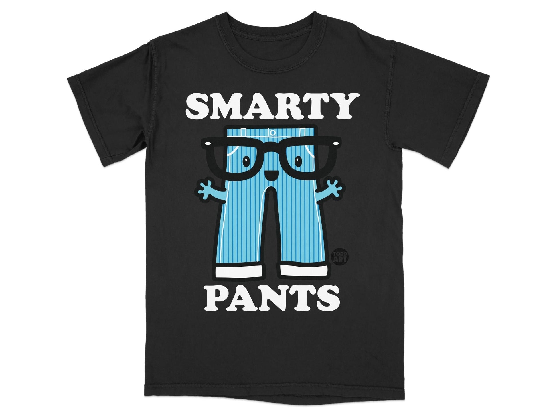 Black t-shirt with cartoon character "Smarty Pants" wearing blue striped pants and glasses.