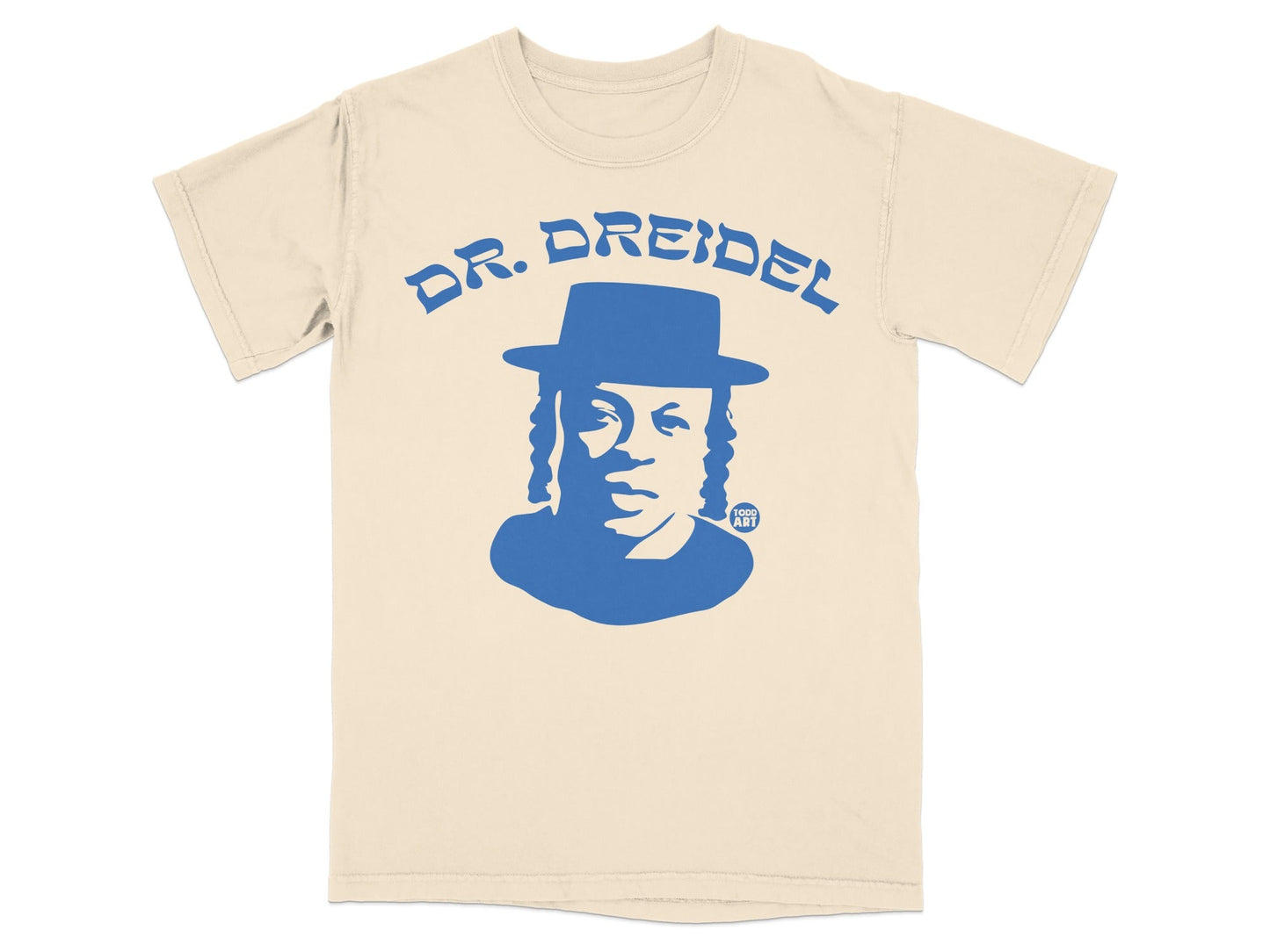 Cream t-shirt with blue graphic of a man wearing a hat and "DR. DREIDEL" text.