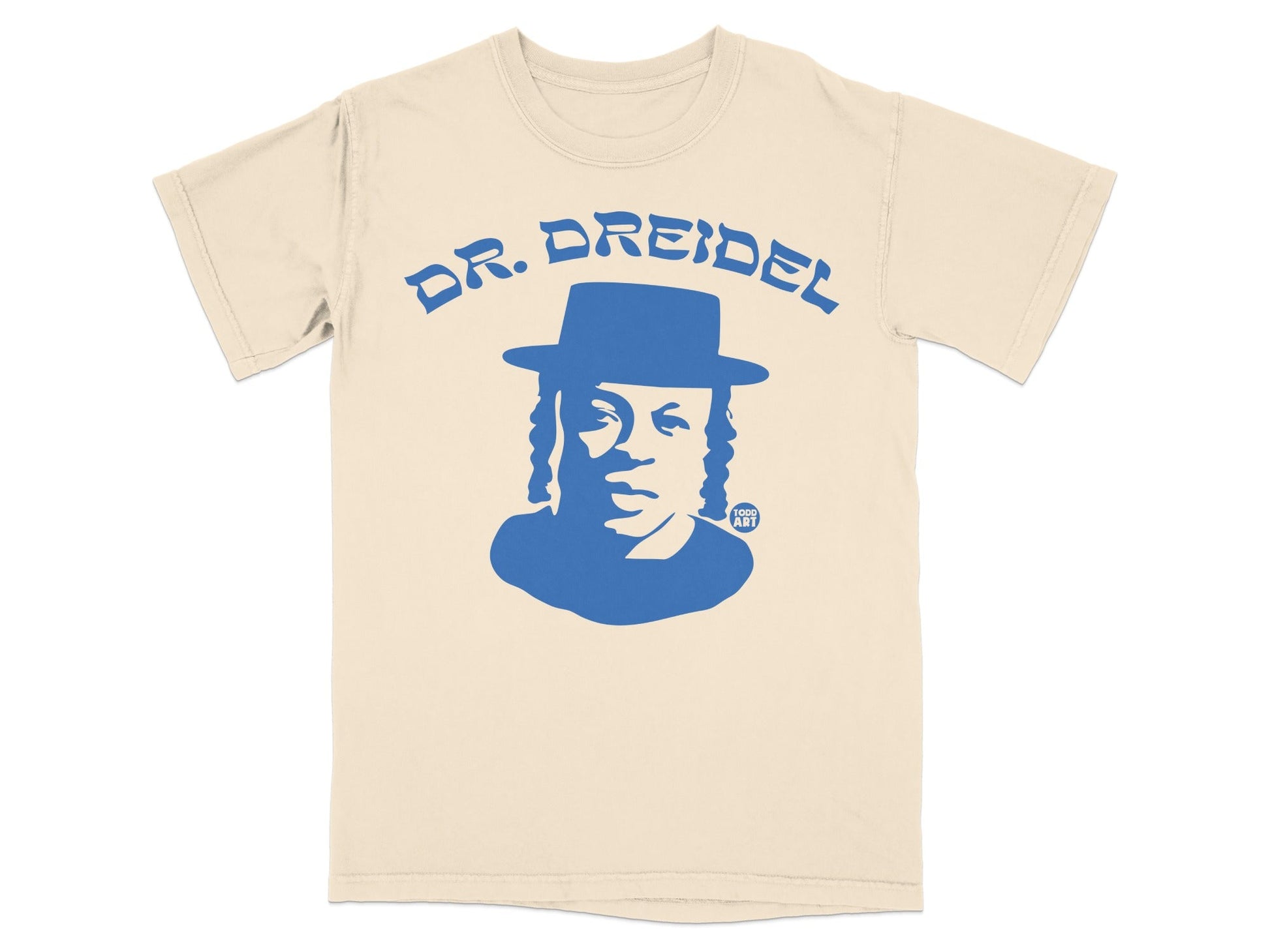 Cream t-shirt with blue graphic of a man wearing a hat and "DR. DREIDEL" text.