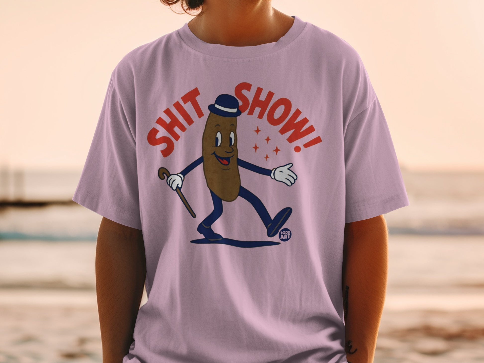 Brown cartoon character with a bowler hat, cane, and "SHIT SHOW!" text.
