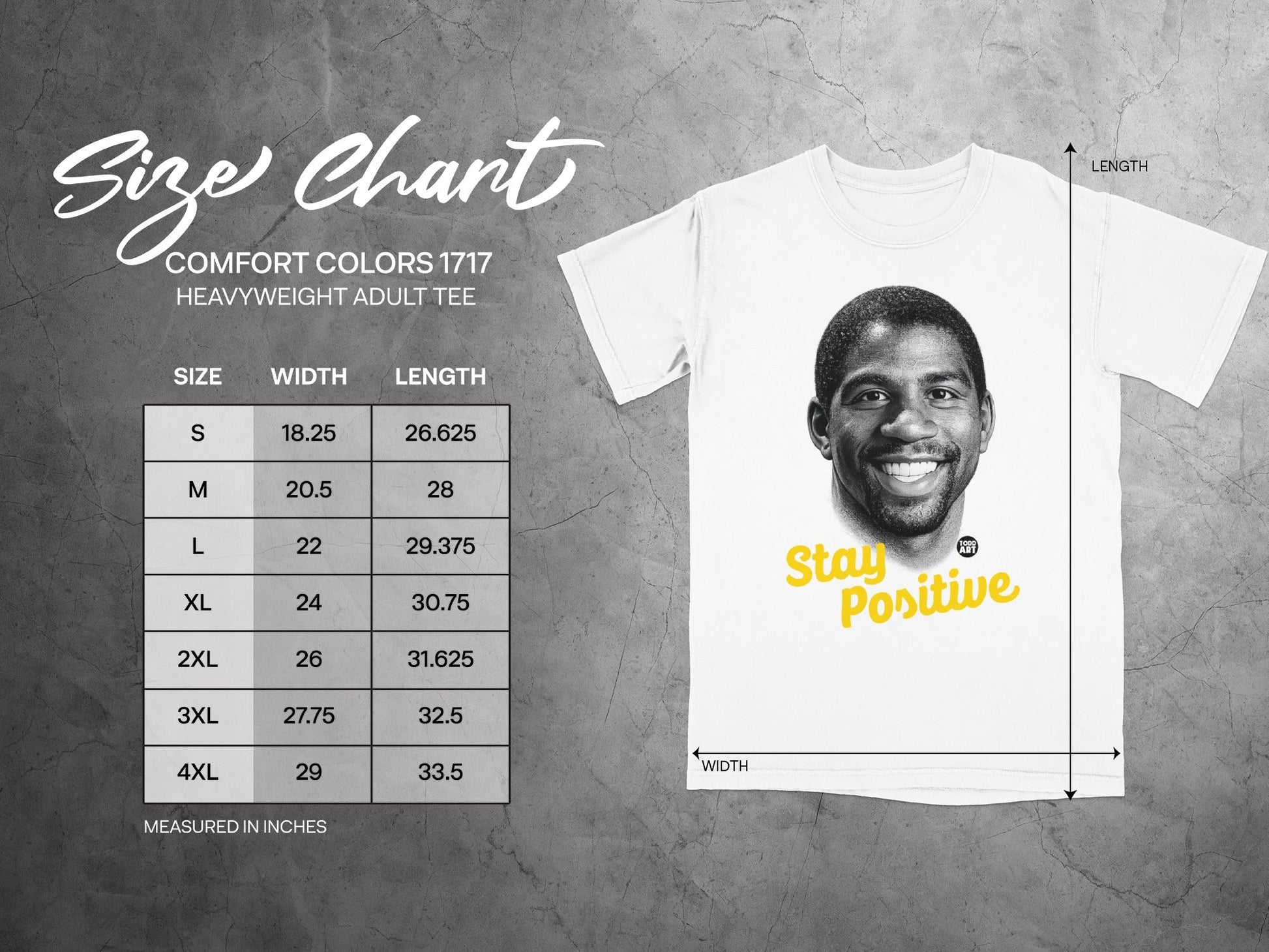 Size chart for Comfort Colors 1717 heavyweight adult tee with Magic Johnson graphic.