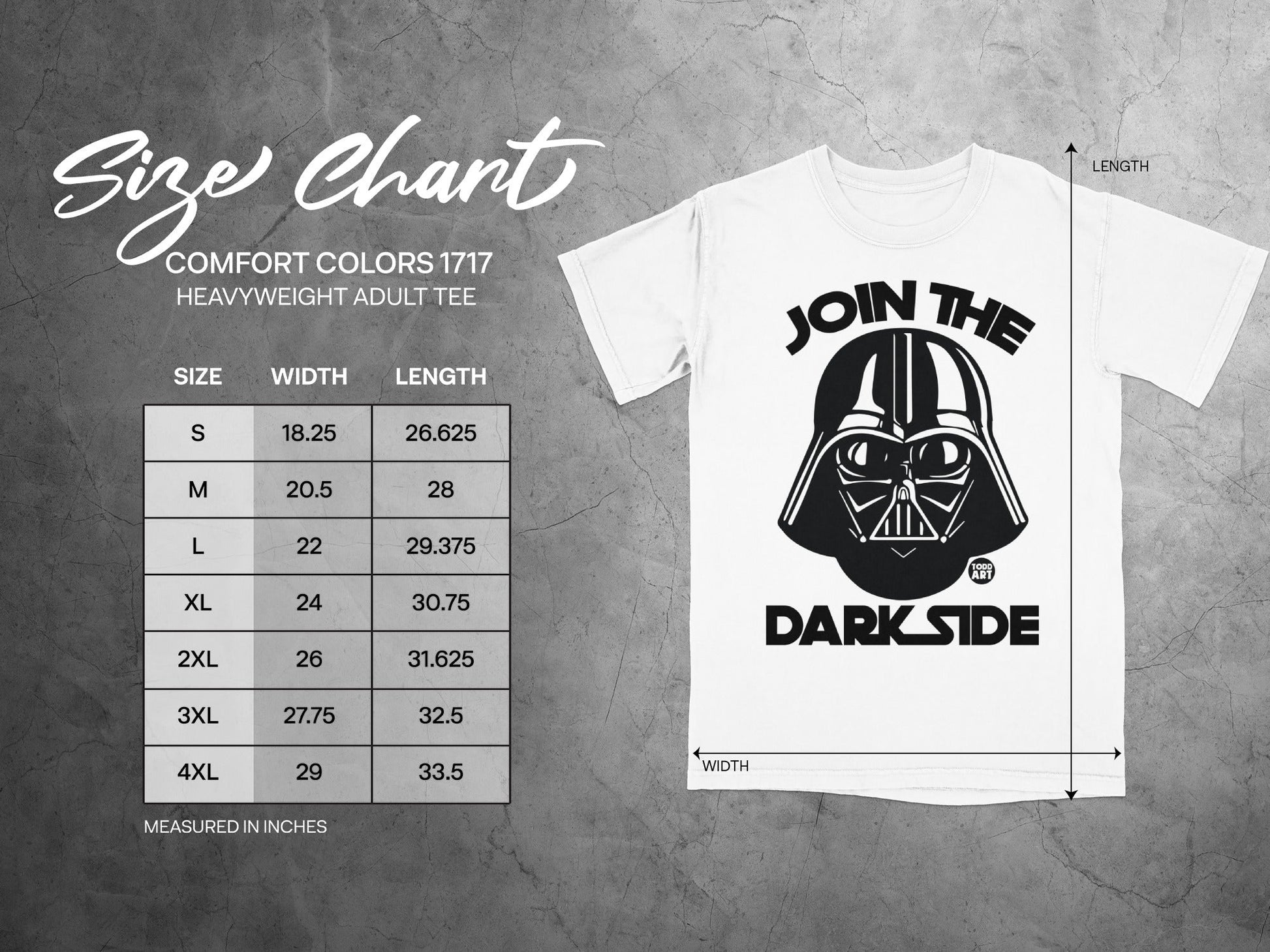 Comfort Colors 1717 adult tee size chart with Darth Vader graphic.