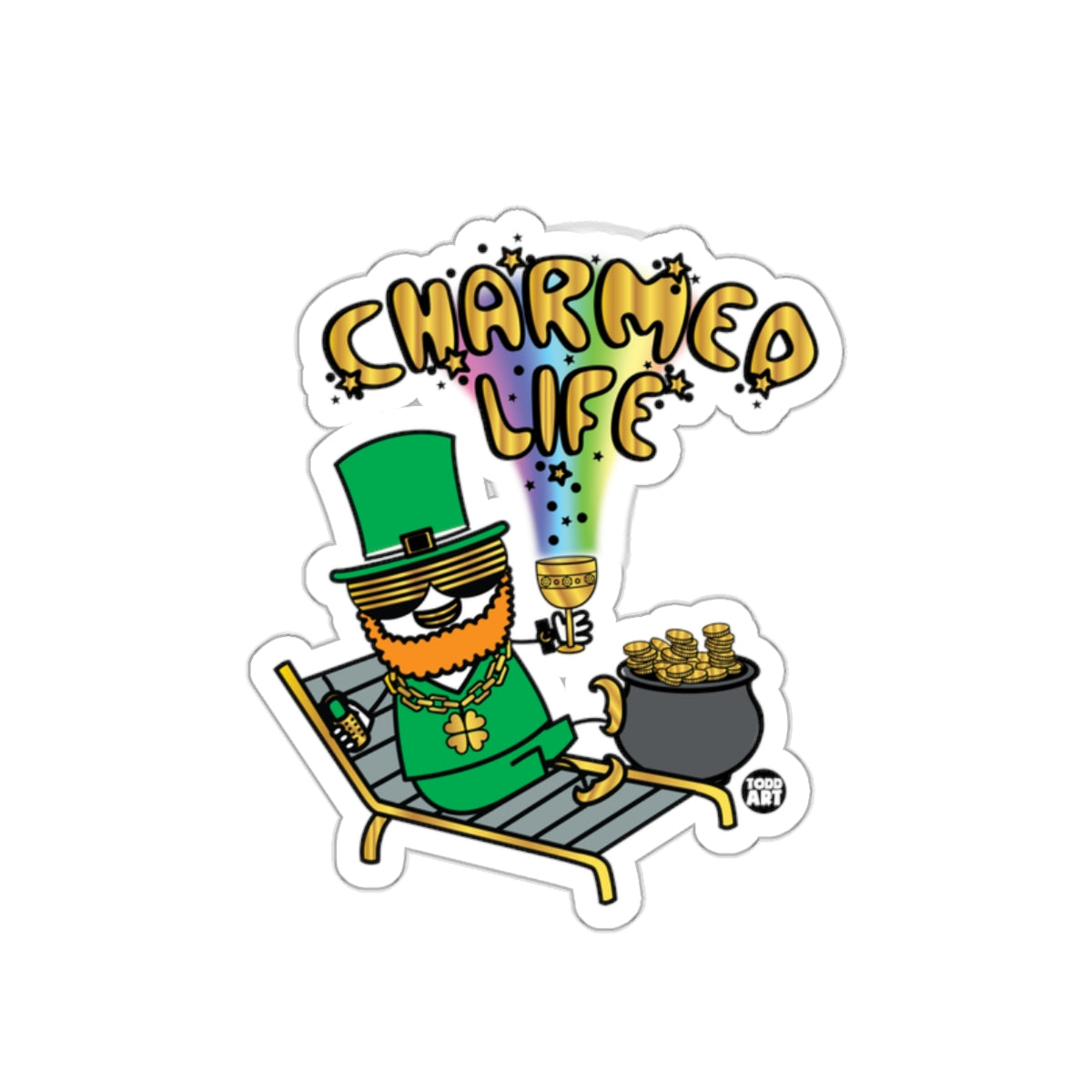 Charmed Life Leprechaun Relaxing with Gold Sticker