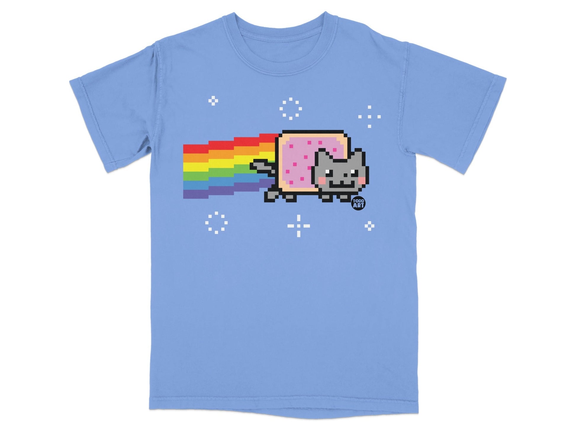 Light blue t-shirt with a pixelated Nyan Cat flying with a rainbow trail.