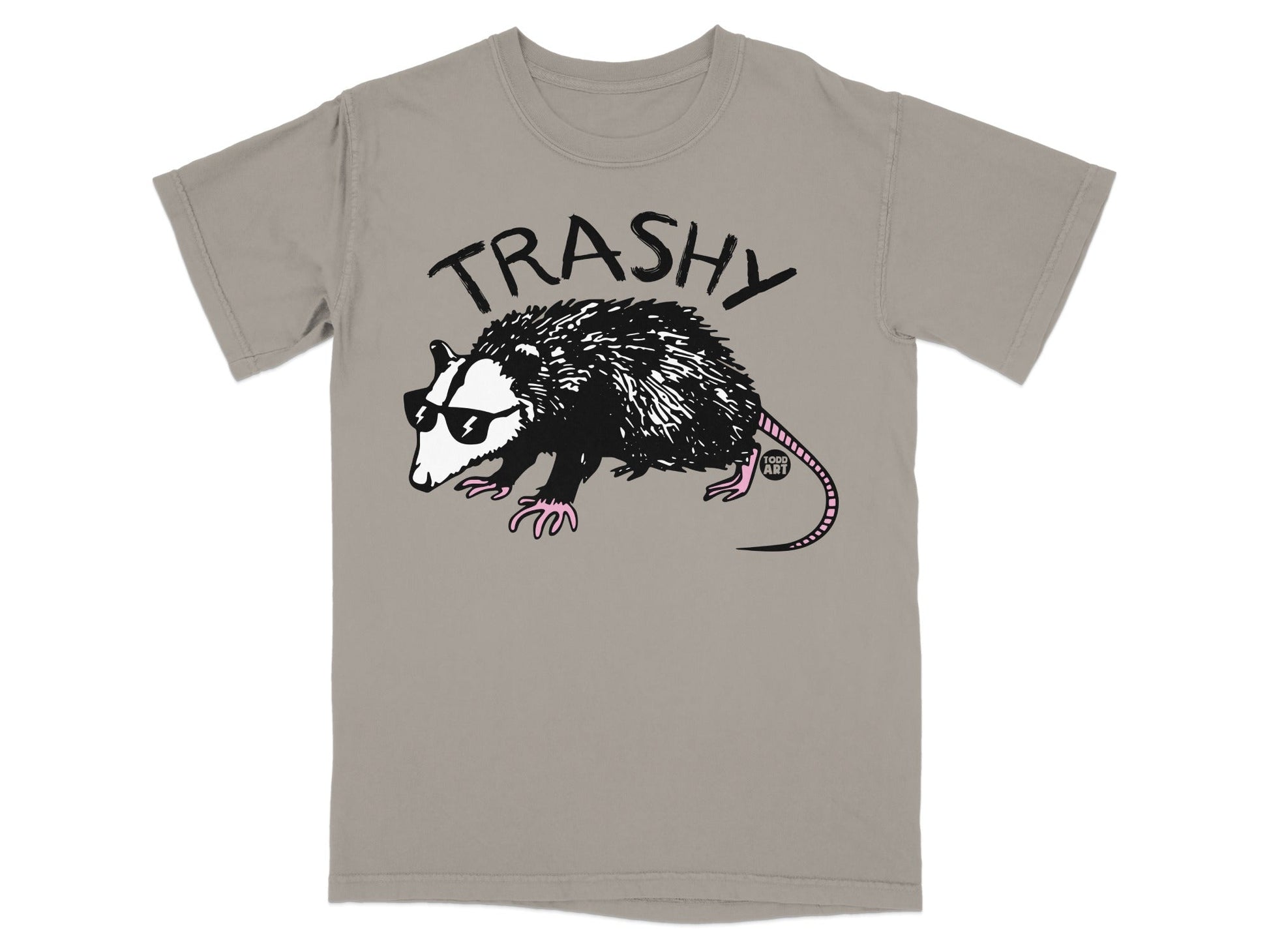 Grey t-shirt with a possum wearing sunglasses and the word "TRASHY"