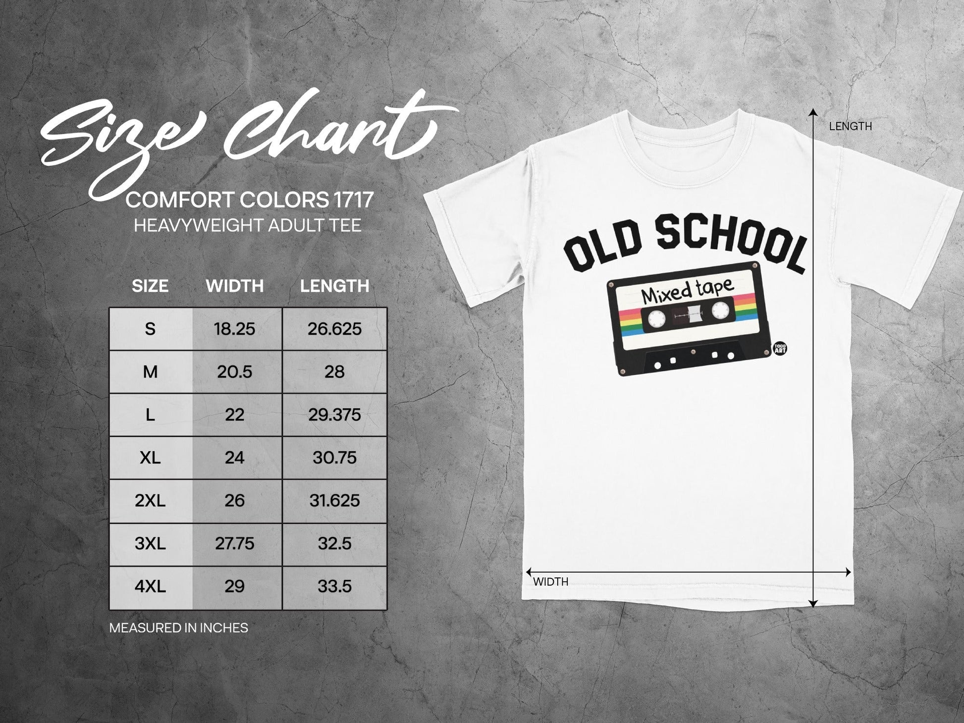 Comfort Colors 1717 size chart with tape graphic.
