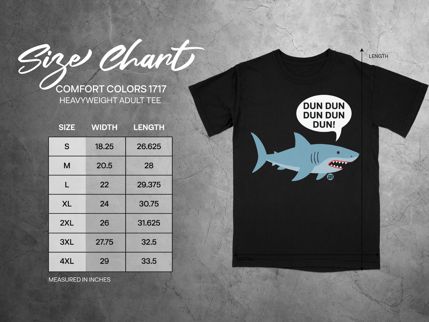 Comfort Colors 1717 heavyweight adult tee size chart with shark graphic.