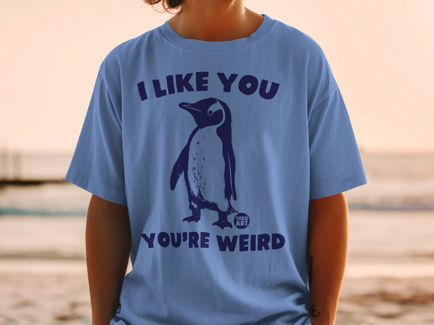 Blue t-shirt with a penguin graphic and text "I LIKE YOU YOU'RE WEIRD".