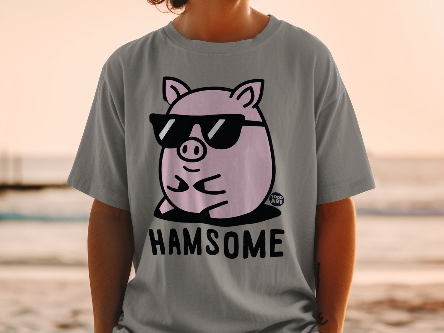 Pink cartoon pig wearing sunglasses with "HAMSOME" text on a gray t-shirt.