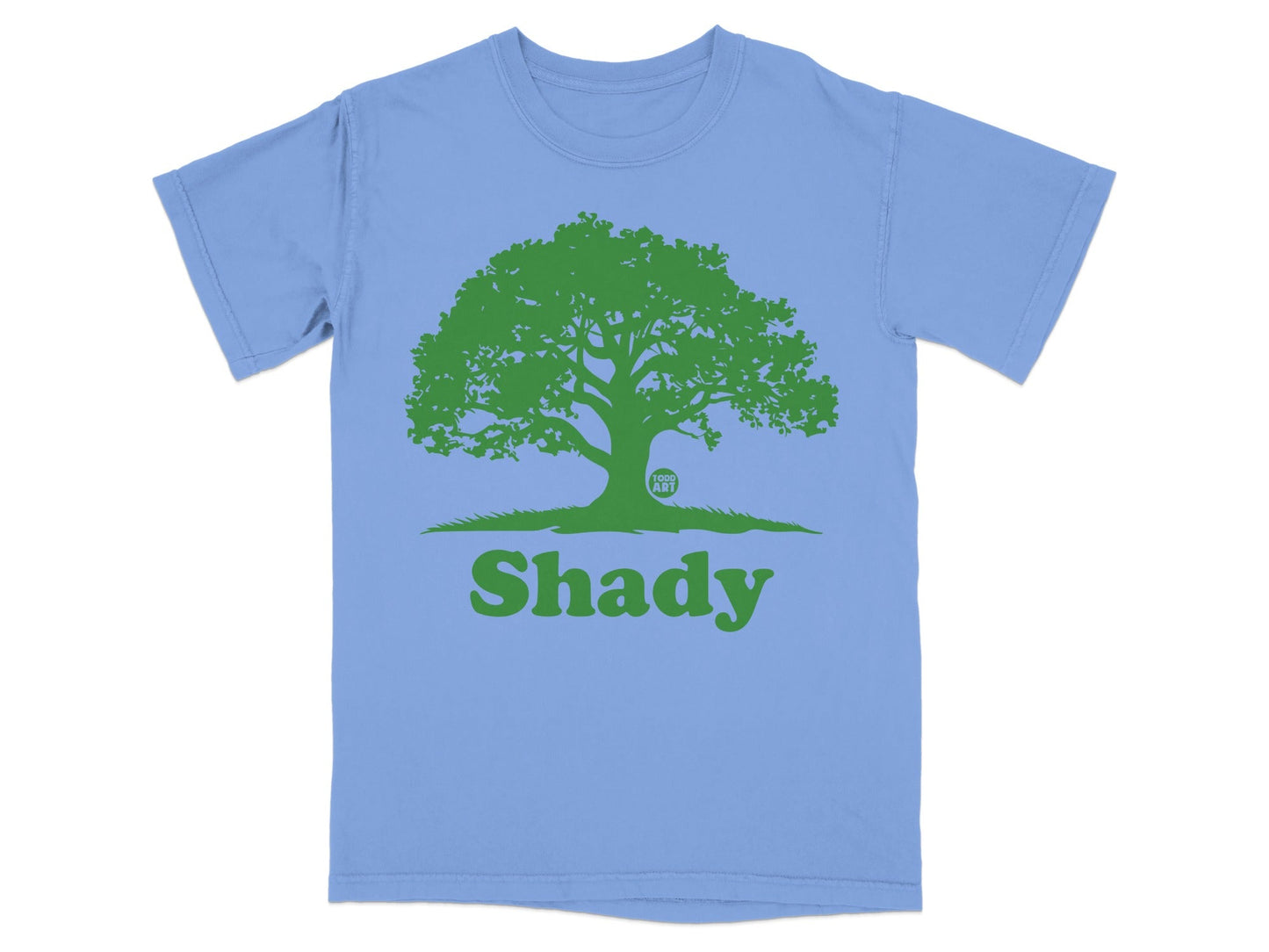 Light blue t-shirt with a green tree and the word "Shady" below.