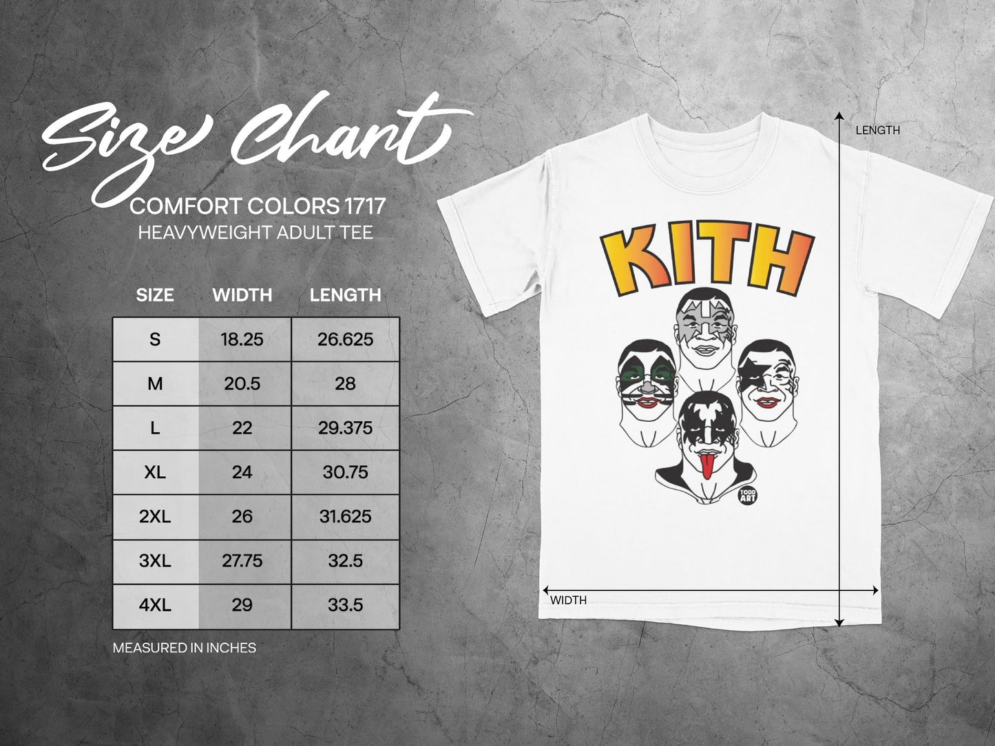 Kith t-shirt size chart with width and length measurements.