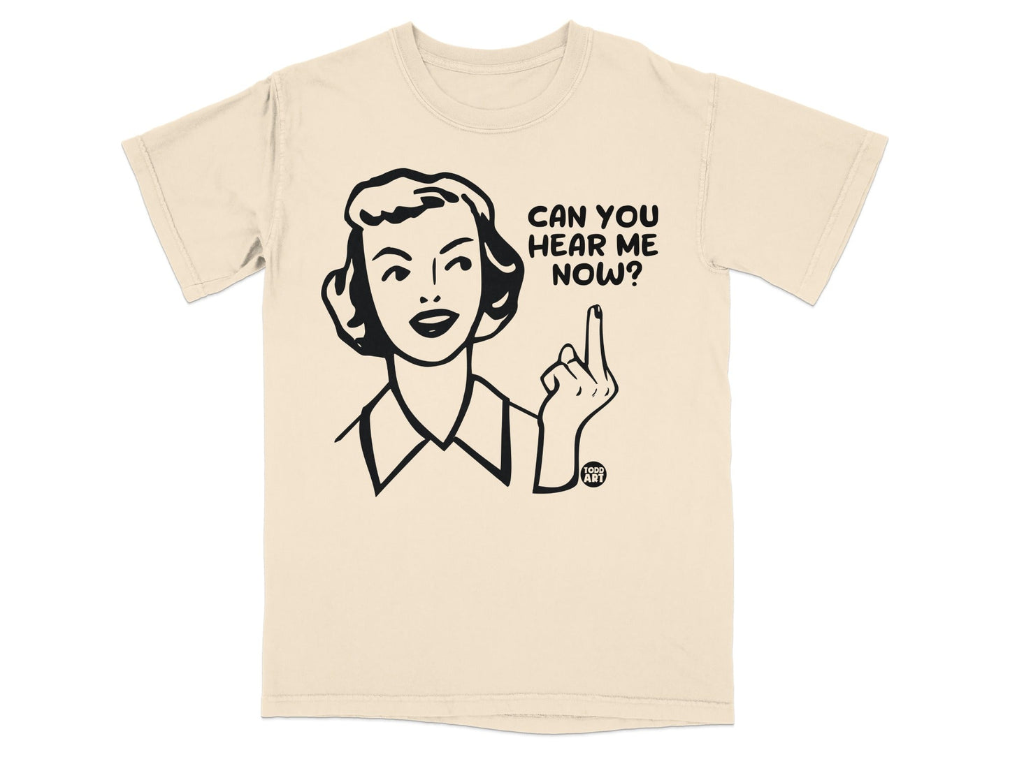 T-shirt with graphic of a retro woman winking and gesturing with her middle finger.