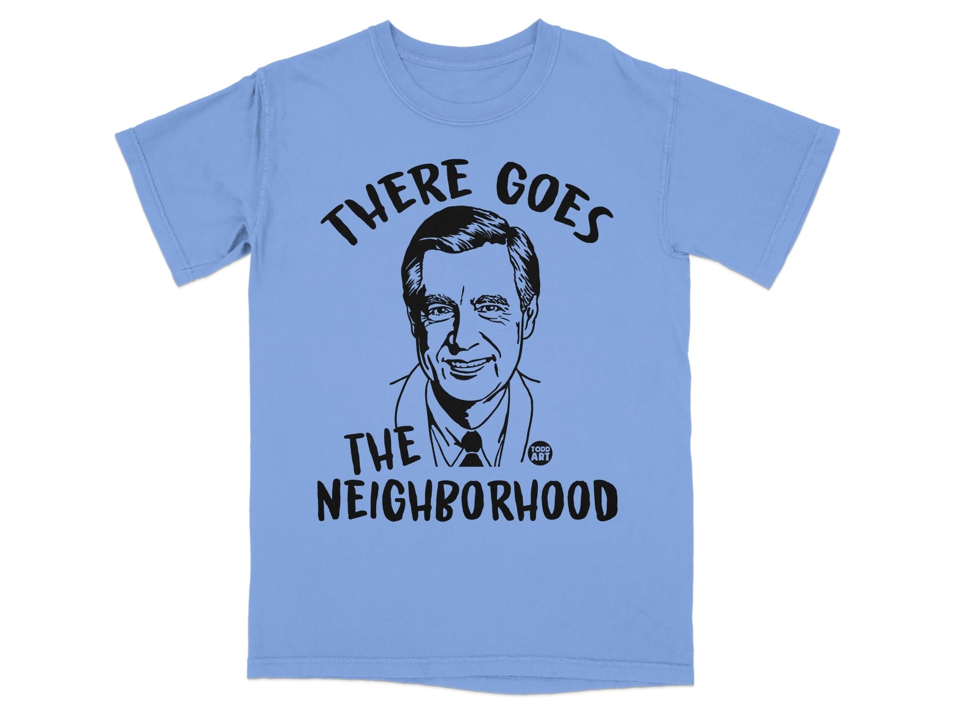 Light blue t-shirt with a black and white portrait of Mr. Rogers.