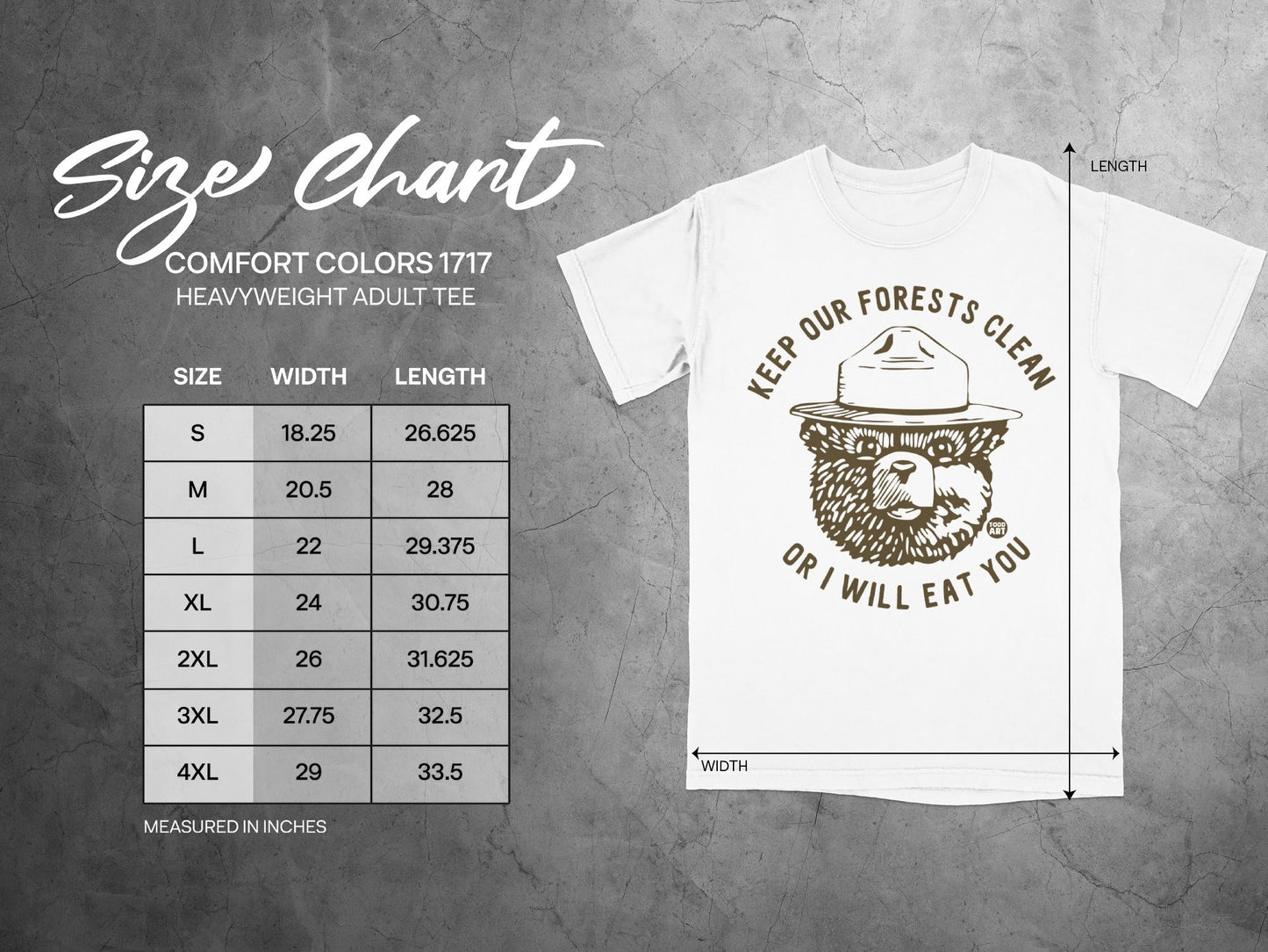Comfort Colors 1717 size chart for heavyweight adult tee with bear graphic.
