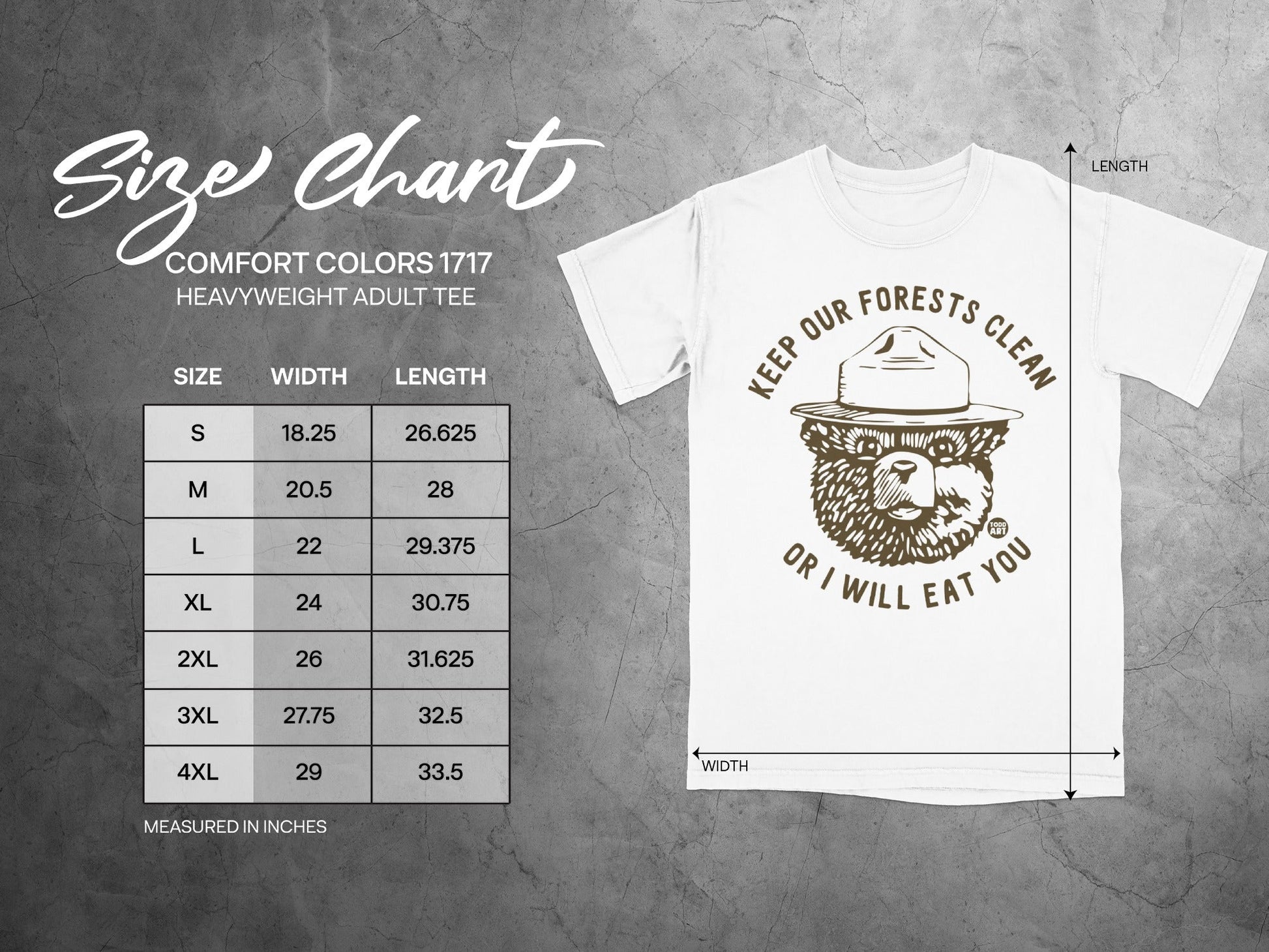 Comfort Colors 1717 size chart for heavyweight adult tee with bear graphic.